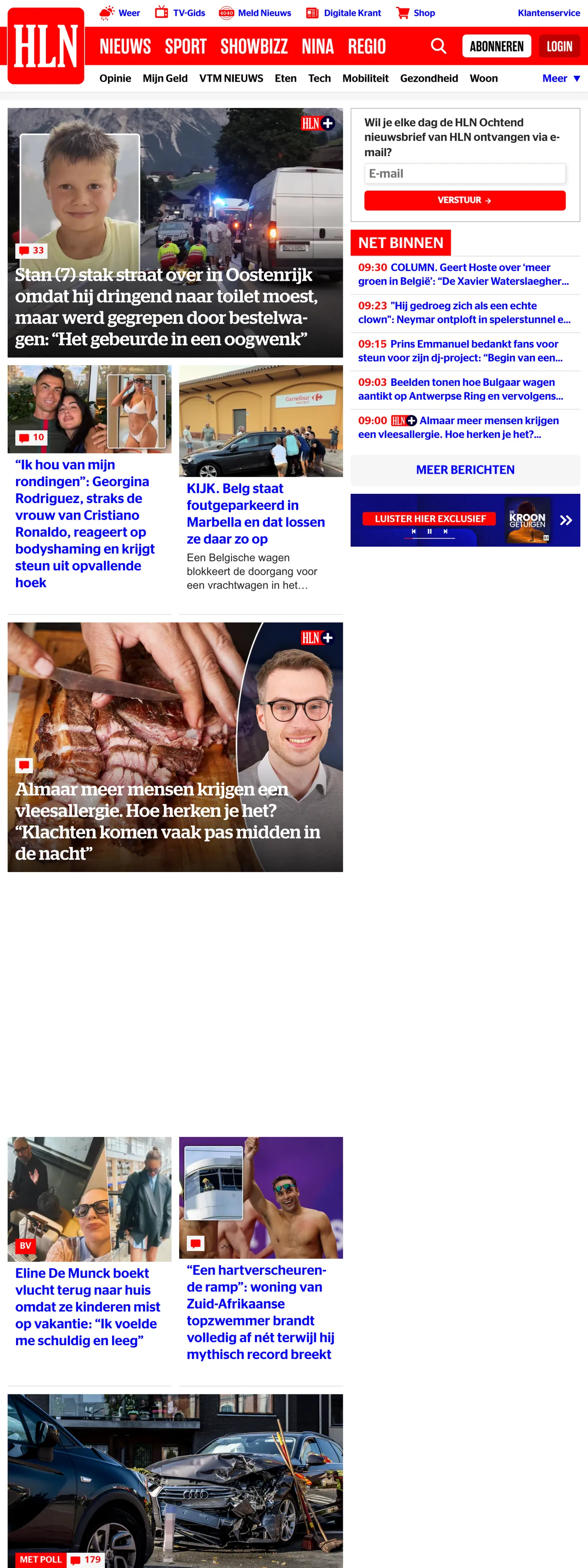 Screenshot of the HLN front page