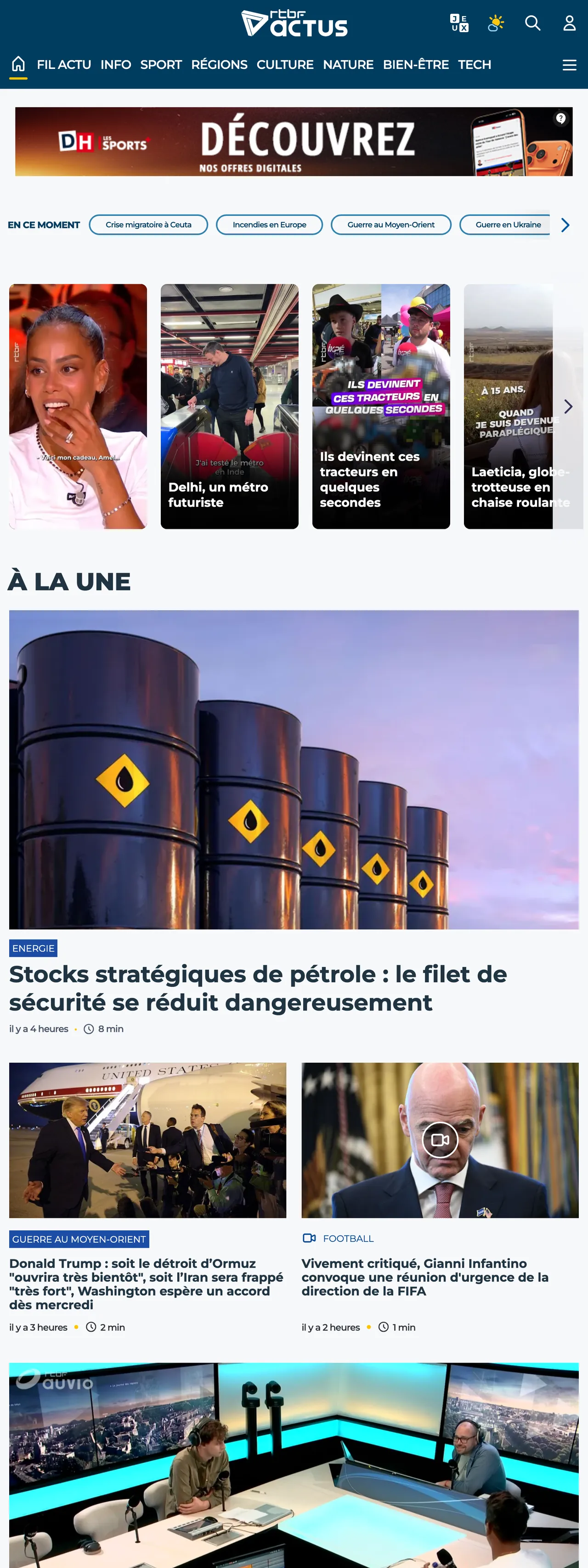 Screenshot of the RTBF front page