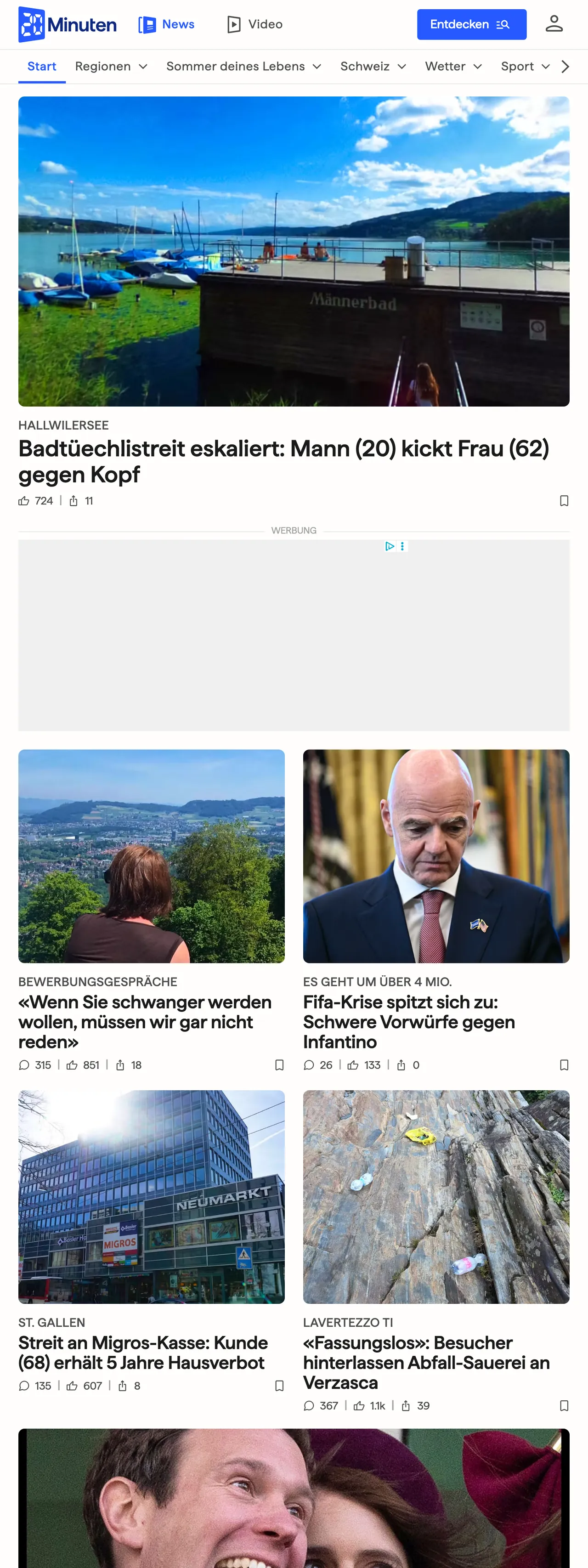 Screenshot of the 20 Minuten front page
