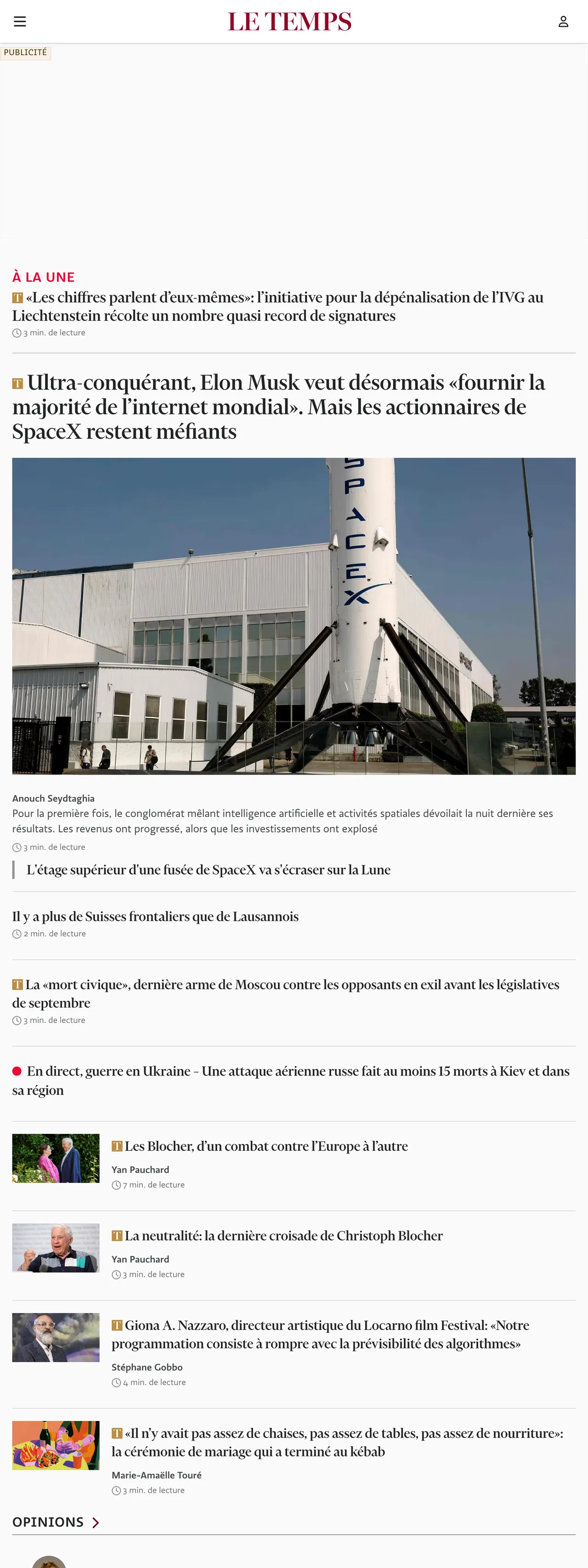 Screenshot of the Le Temps front page