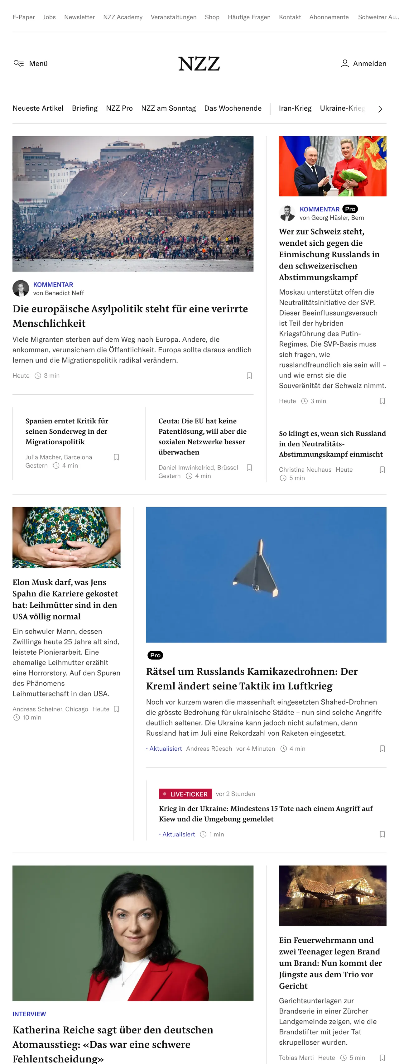 Screenshot of the Neue Zürcher Zeitung front page