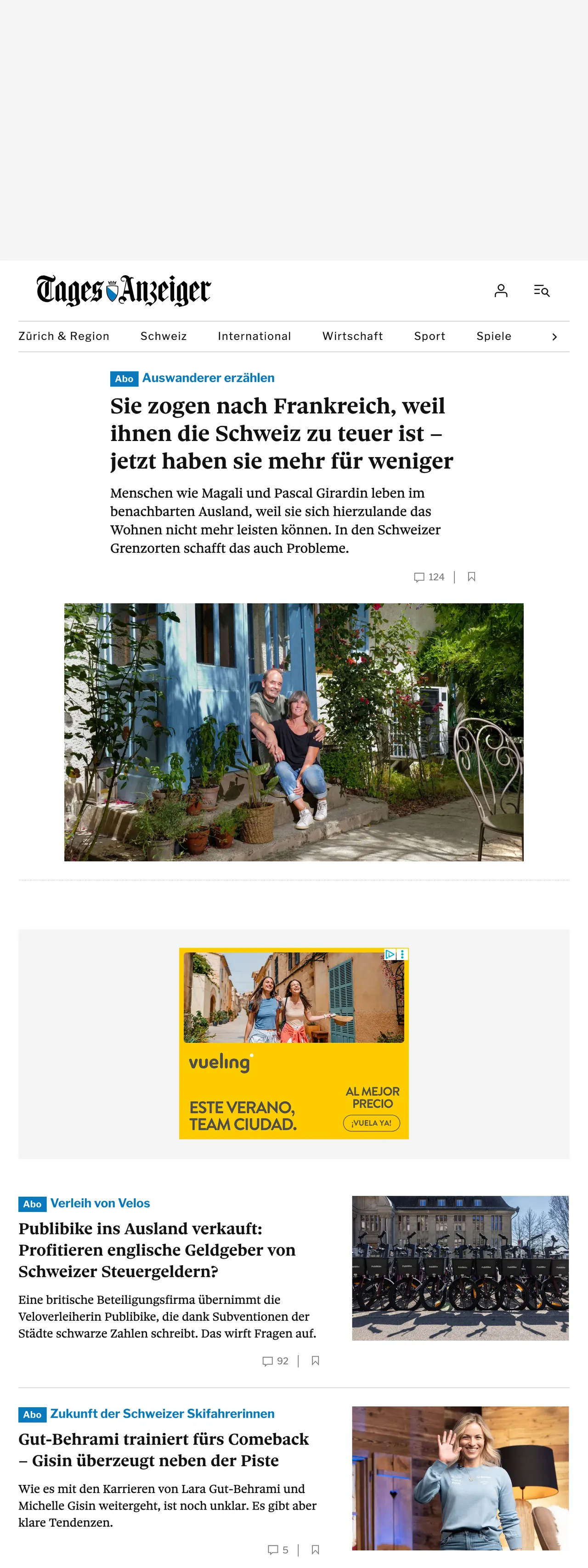 Screenshot of the Tages-Anzeiger front page