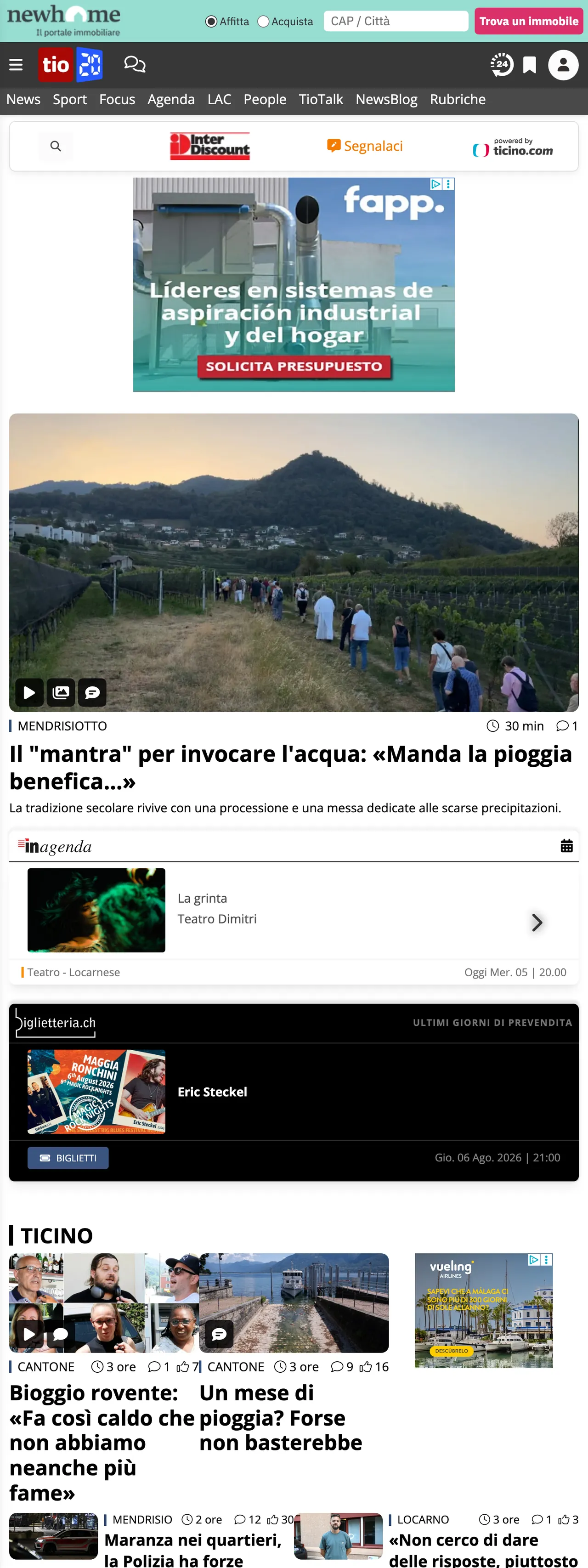 Screenshot of the Ticinonline front page