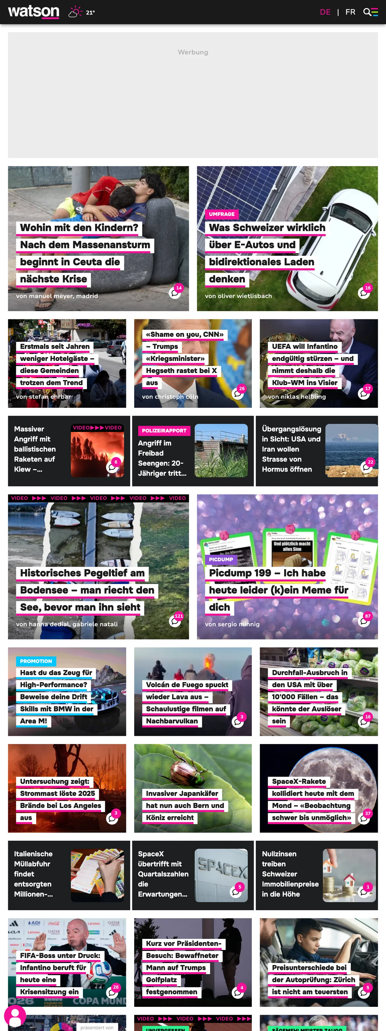 Screenshot of the watson front page