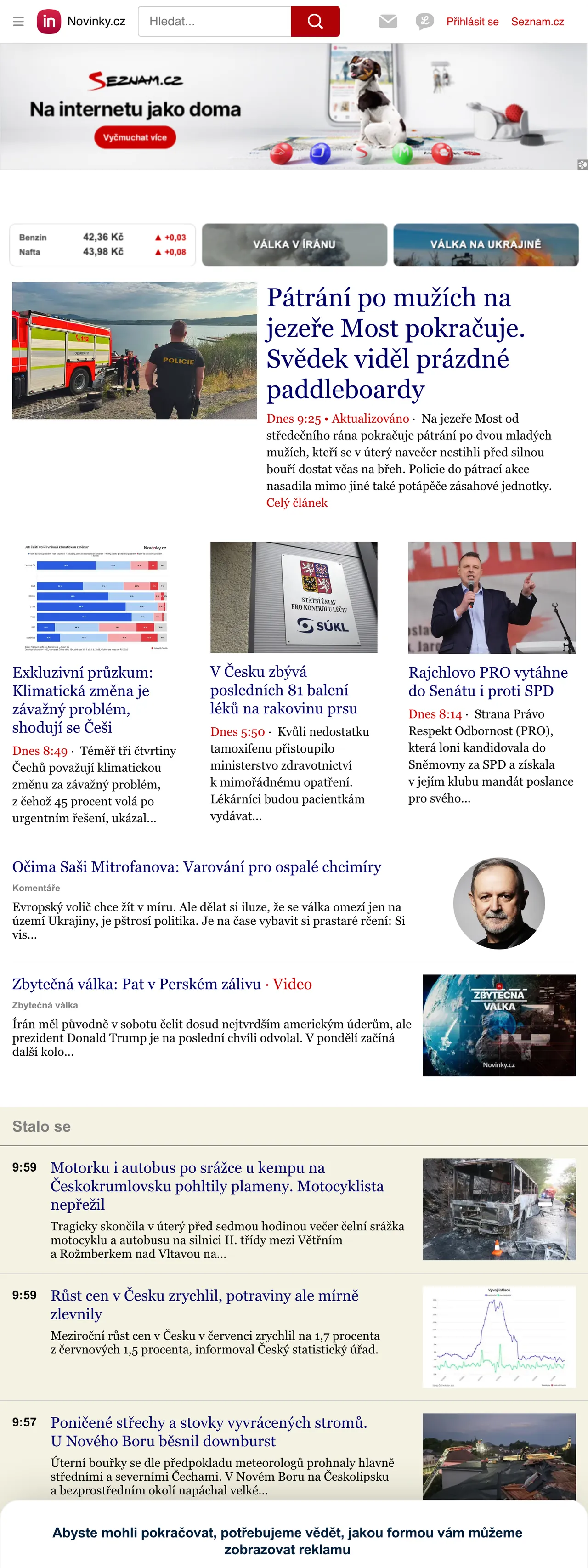 Screenshot of the Novinky.cz front page