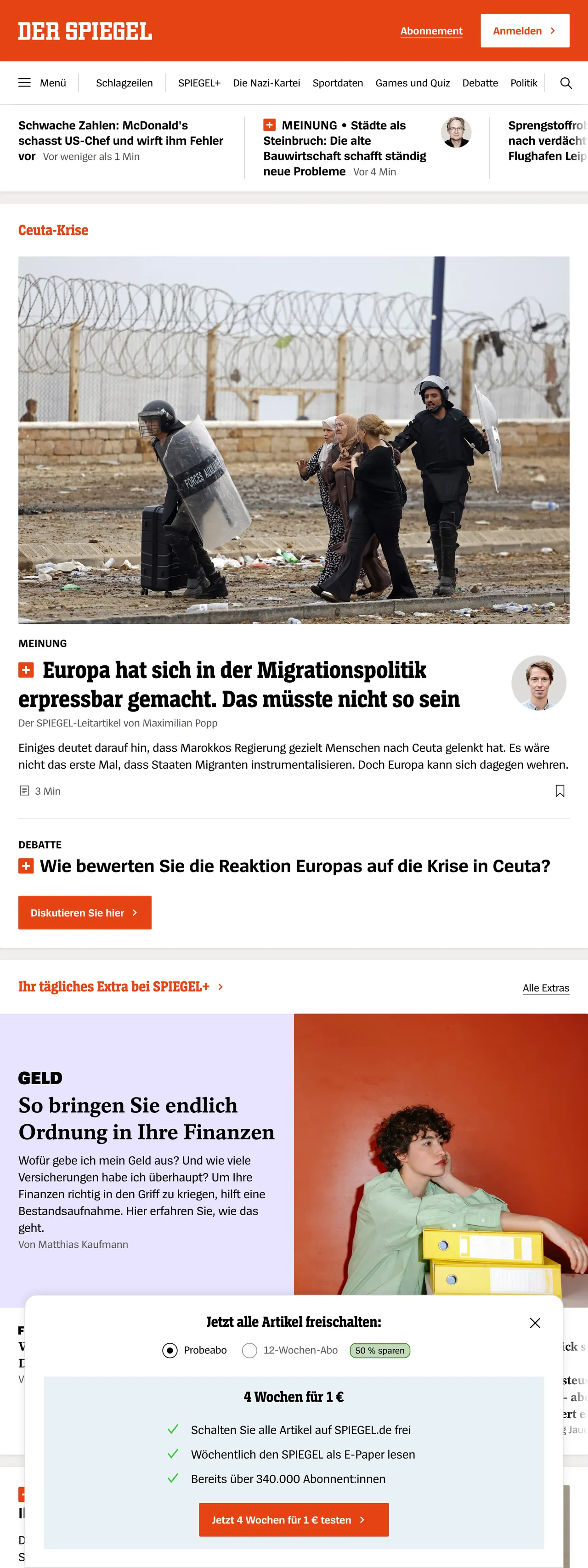 Screenshot of the DER SPIEGEL front page