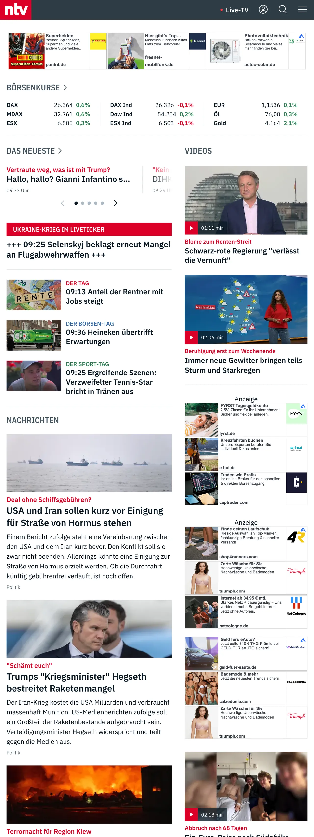 Screenshot of the n-tv front page
