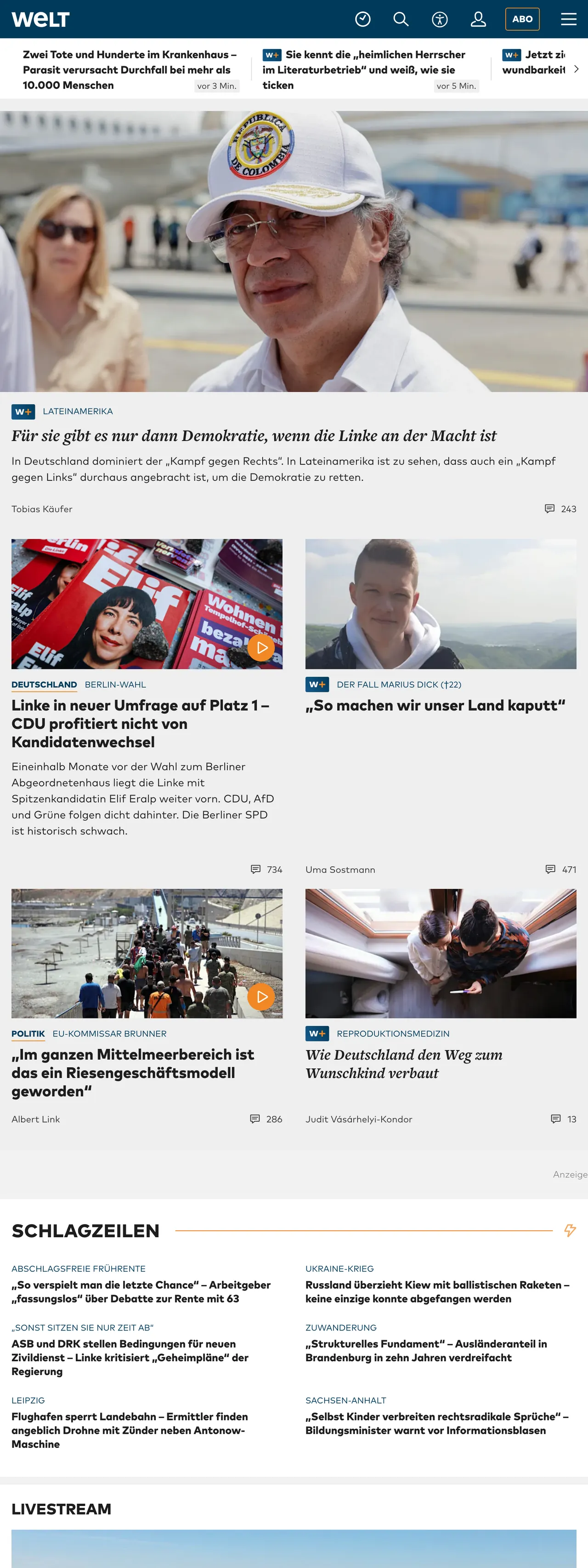 Screenshot of the WELT front page