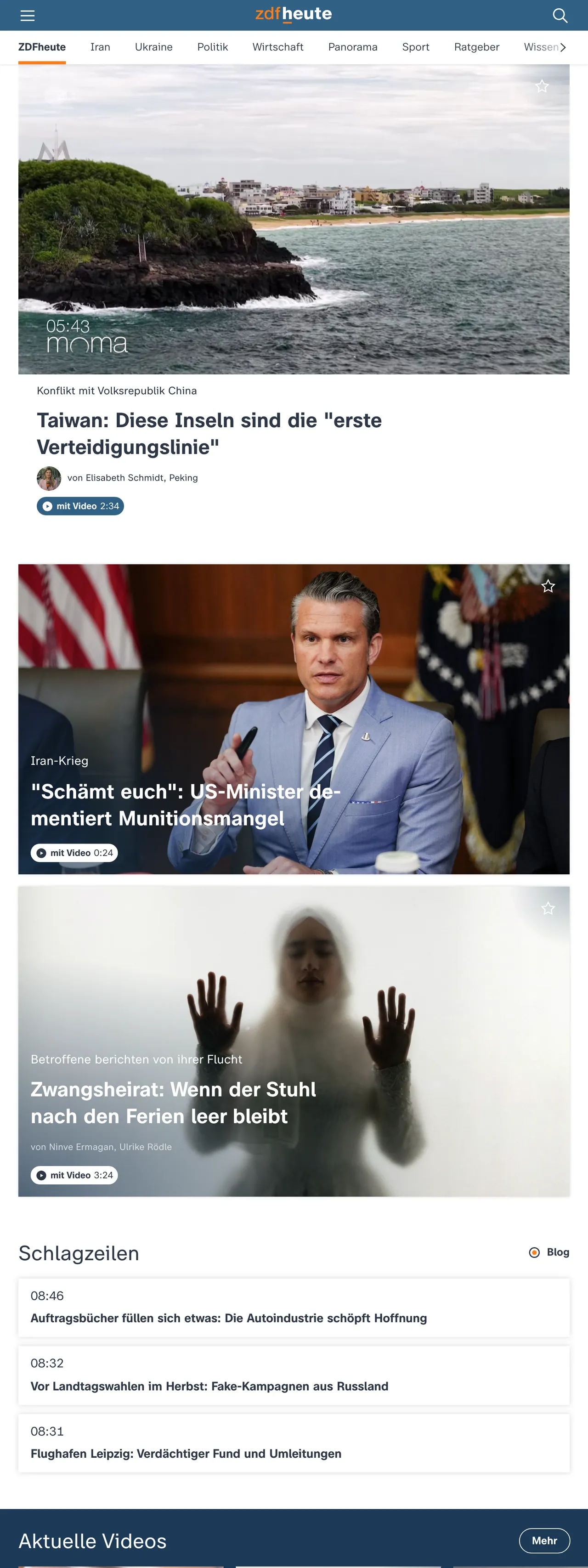Screenshot of the ZDFheute front page