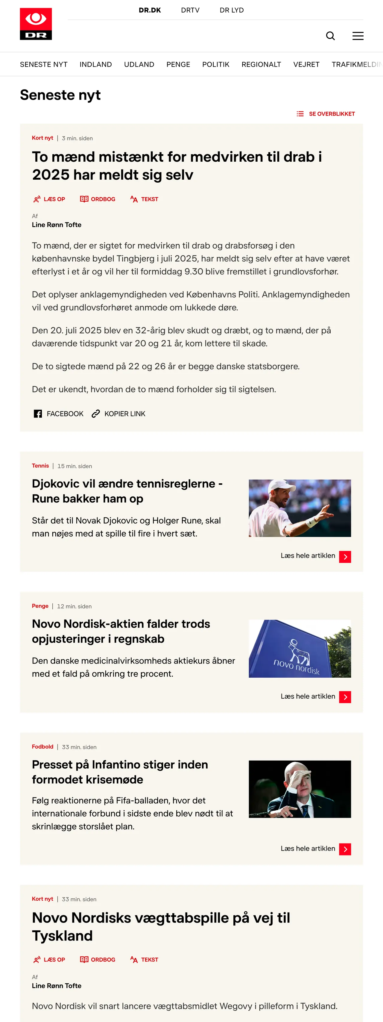 Screenshot of the DR front page