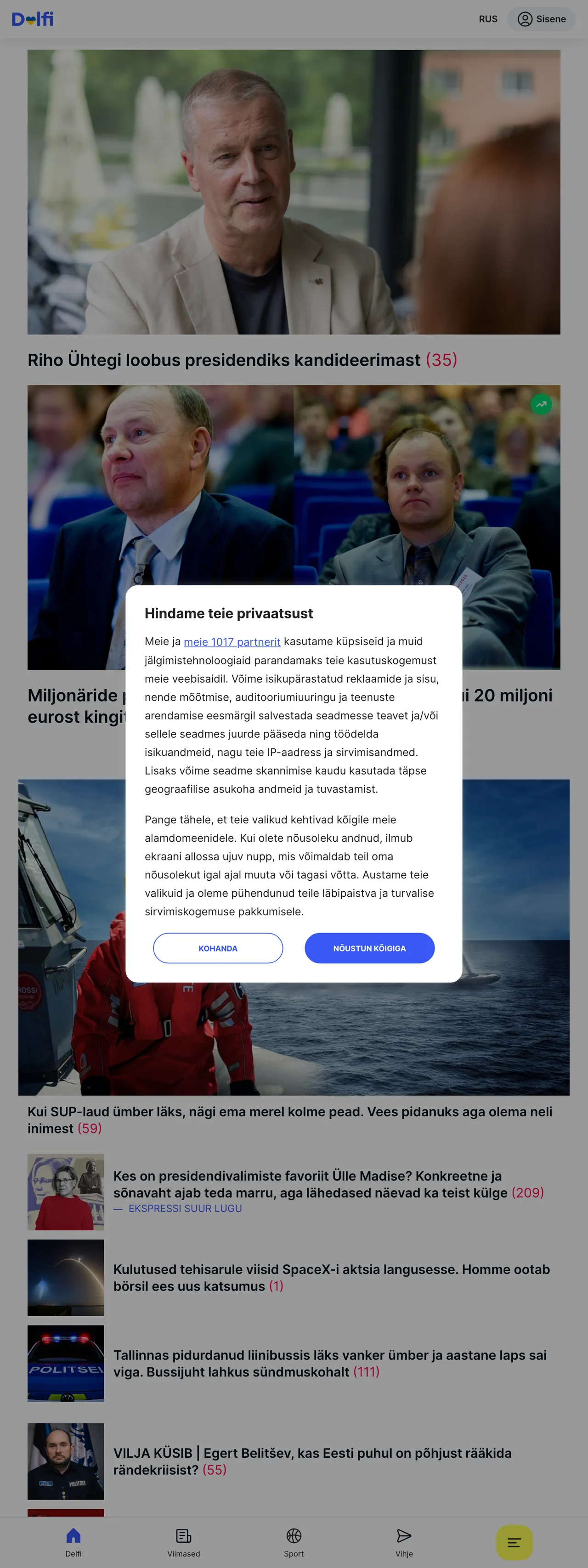 Screenshot of the Delfi front page
