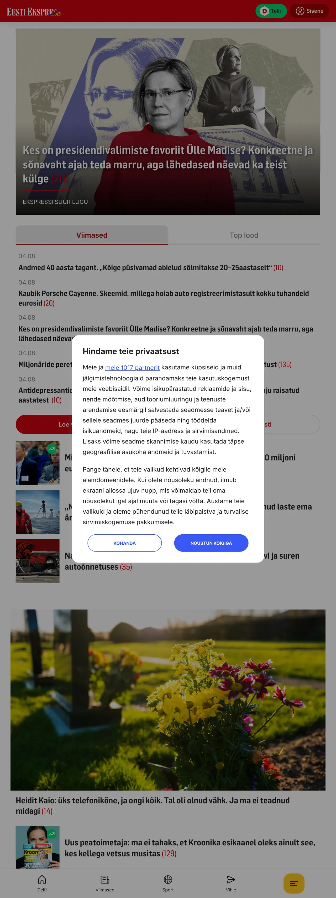 Screenshot of the Eesti Ekspress front page