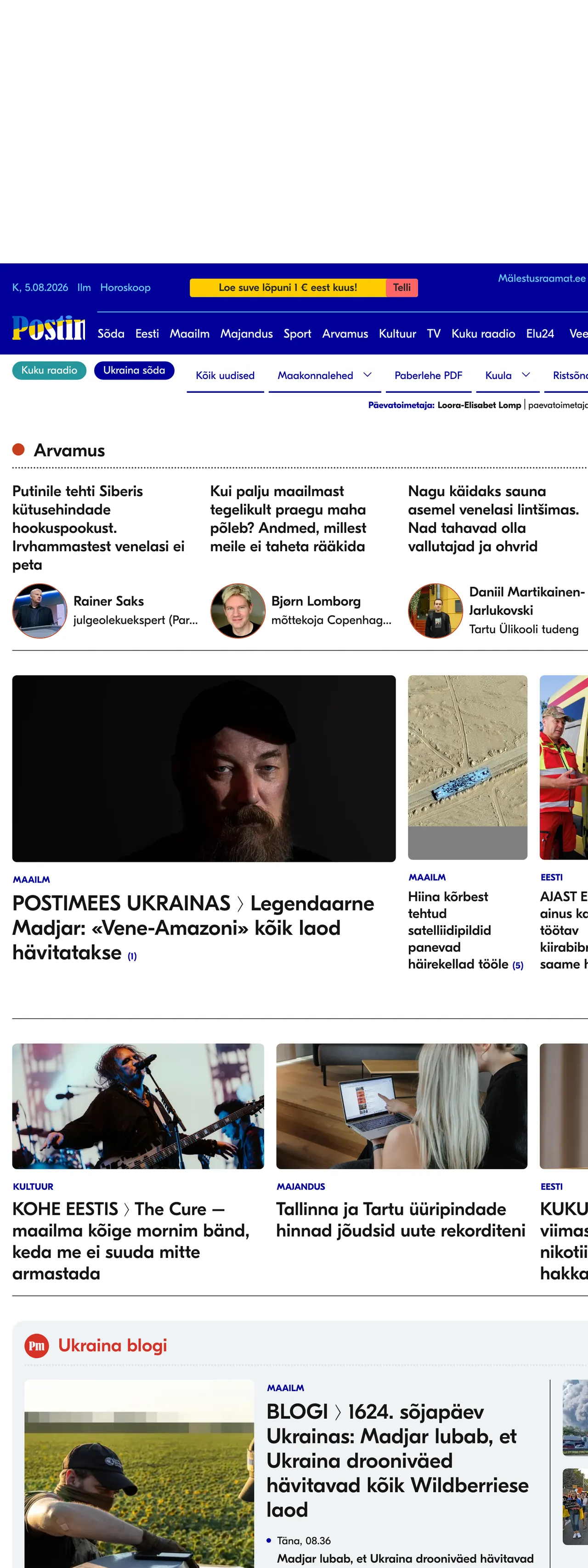 Screenshot of the Postimees front page