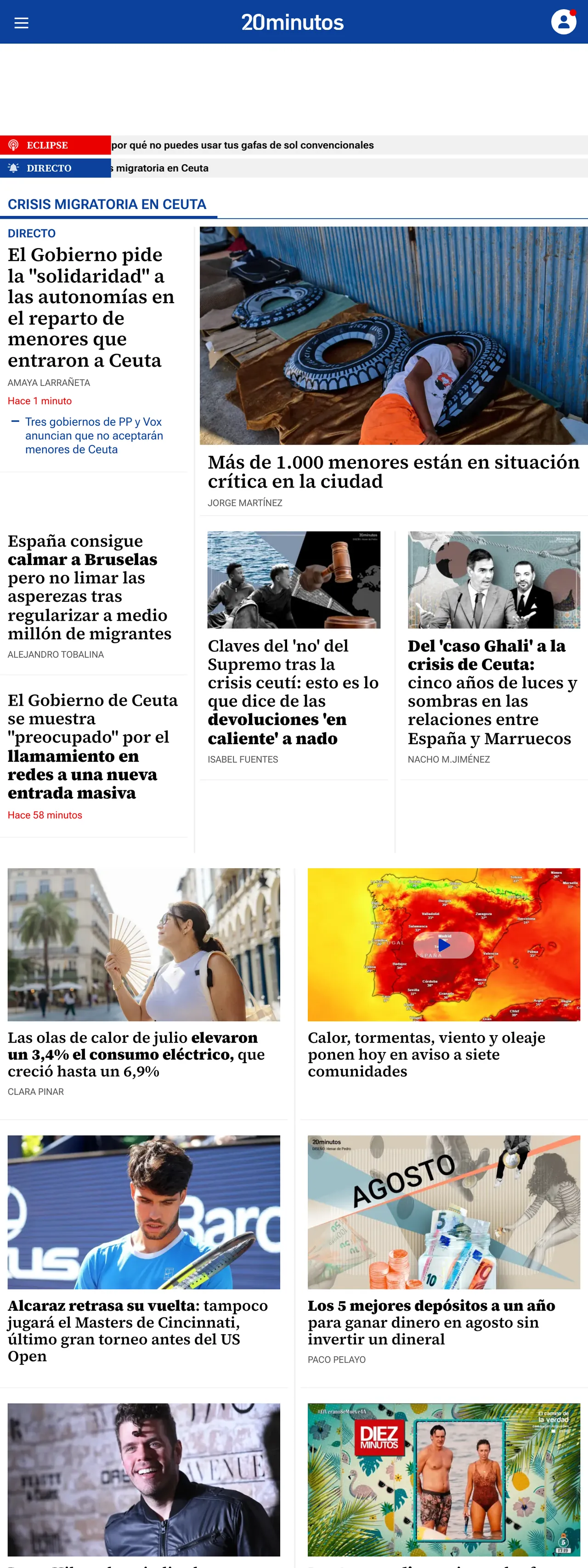 Screenshot of the 20minutos front page