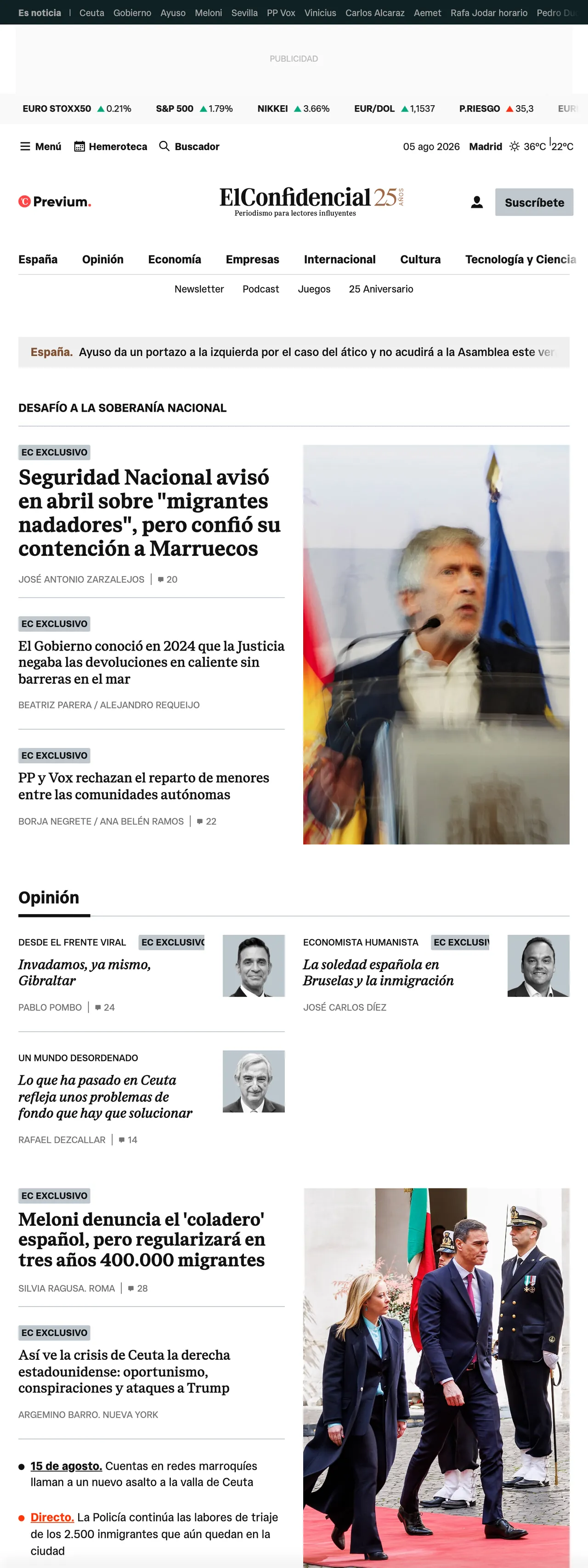 Screenshot of the El Confidencial front page