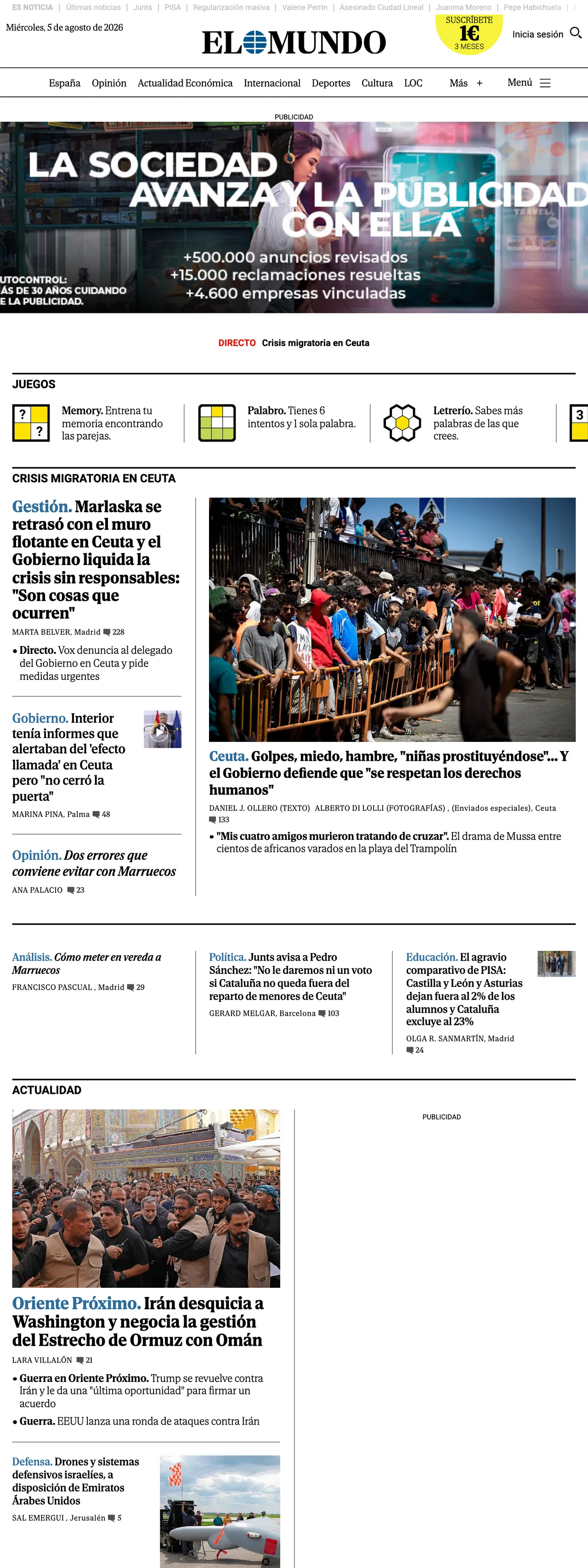 Screenshot of the El Mundo front page
