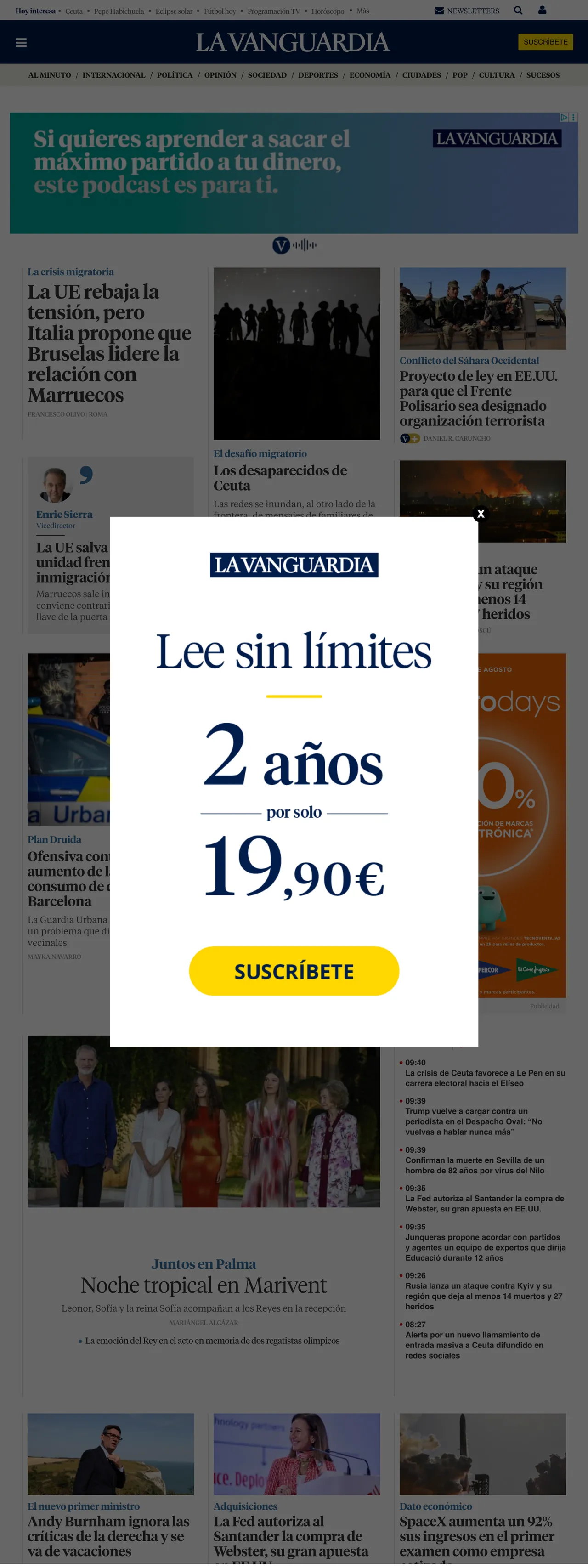 Screenshot of the La Vanguardia front page