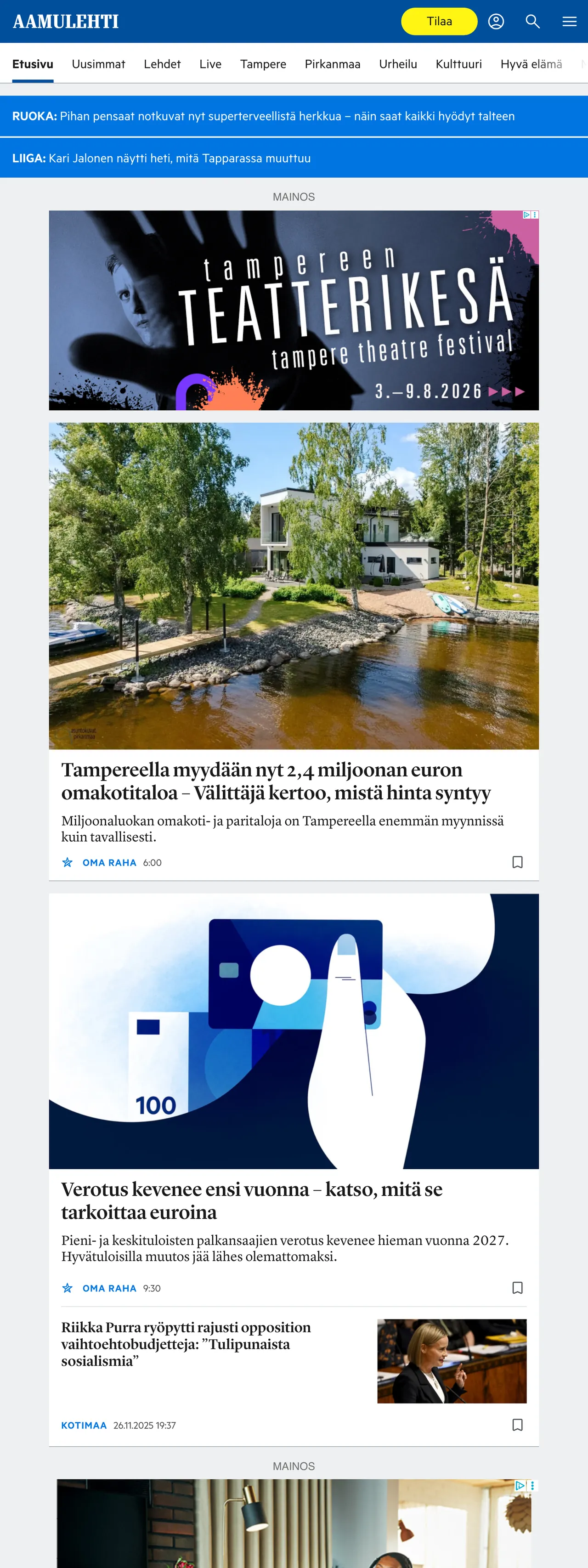 Screenshot of the Aamulehti front page
