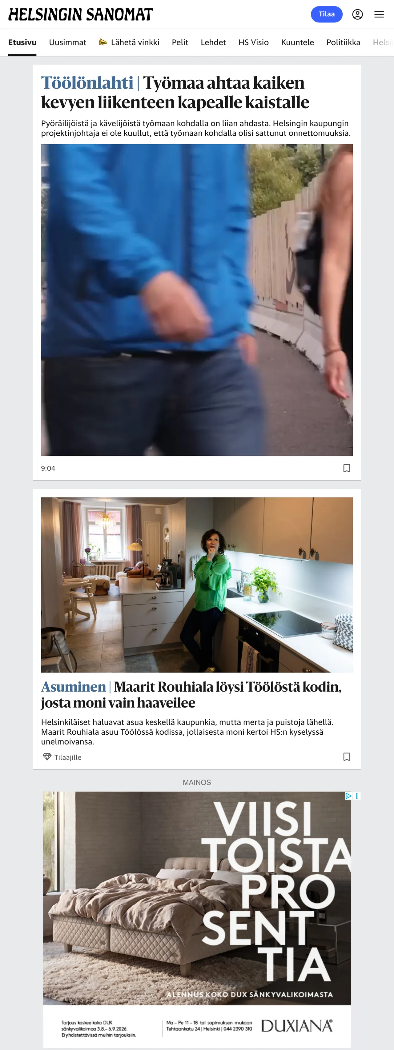 Screenshot of the Helsingin Sanomat front page