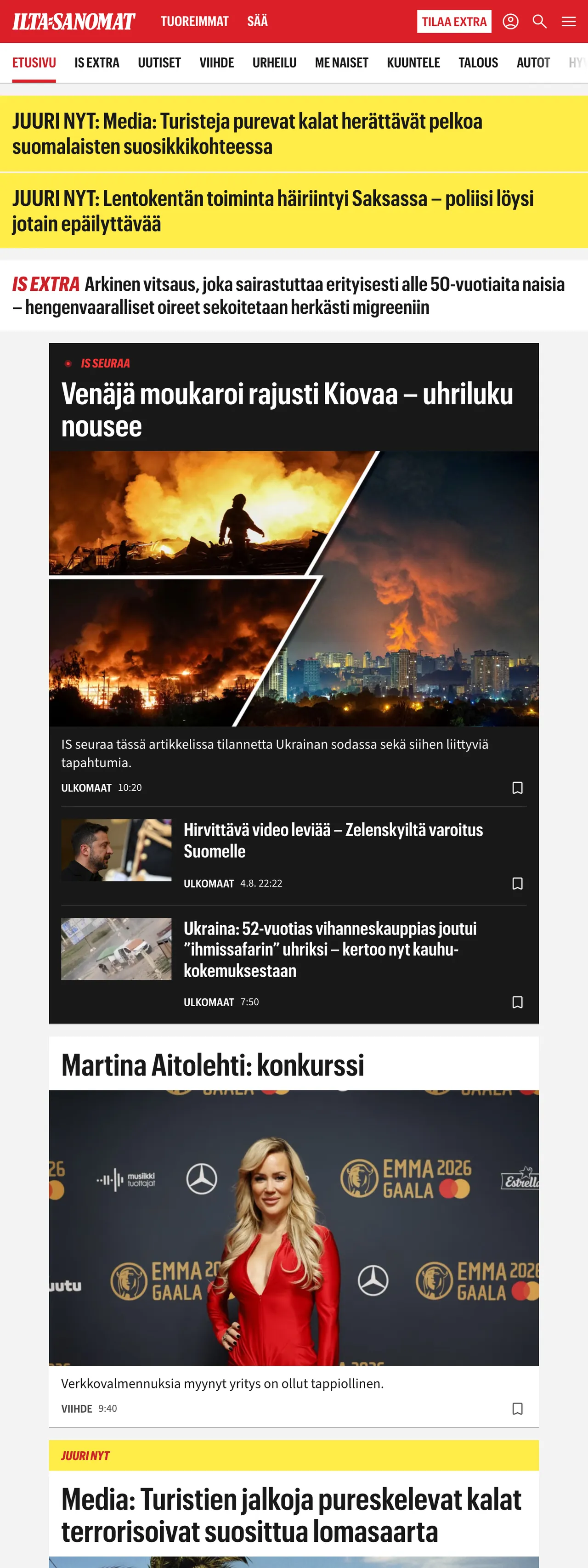 Screenshot of the Ilta-Sanomat front page