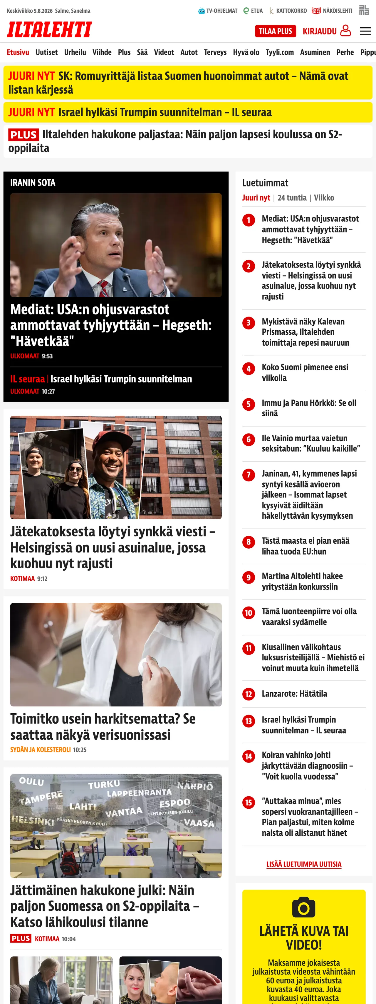 Screenshot of the Iltalehti front page