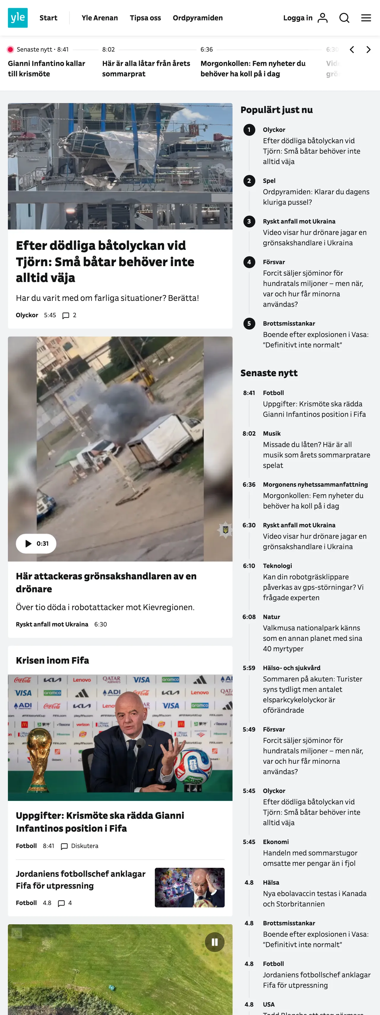 Screenshot of the Svenska Yle front page