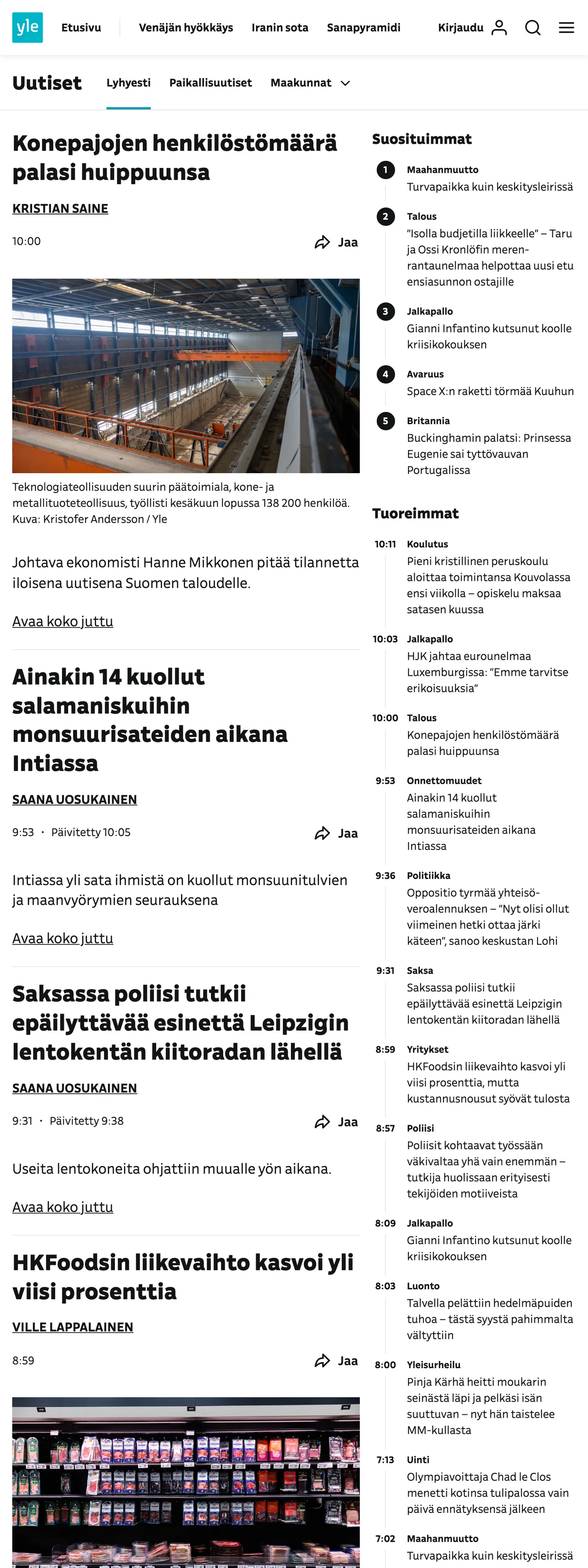 Screenshot of the Yle front page