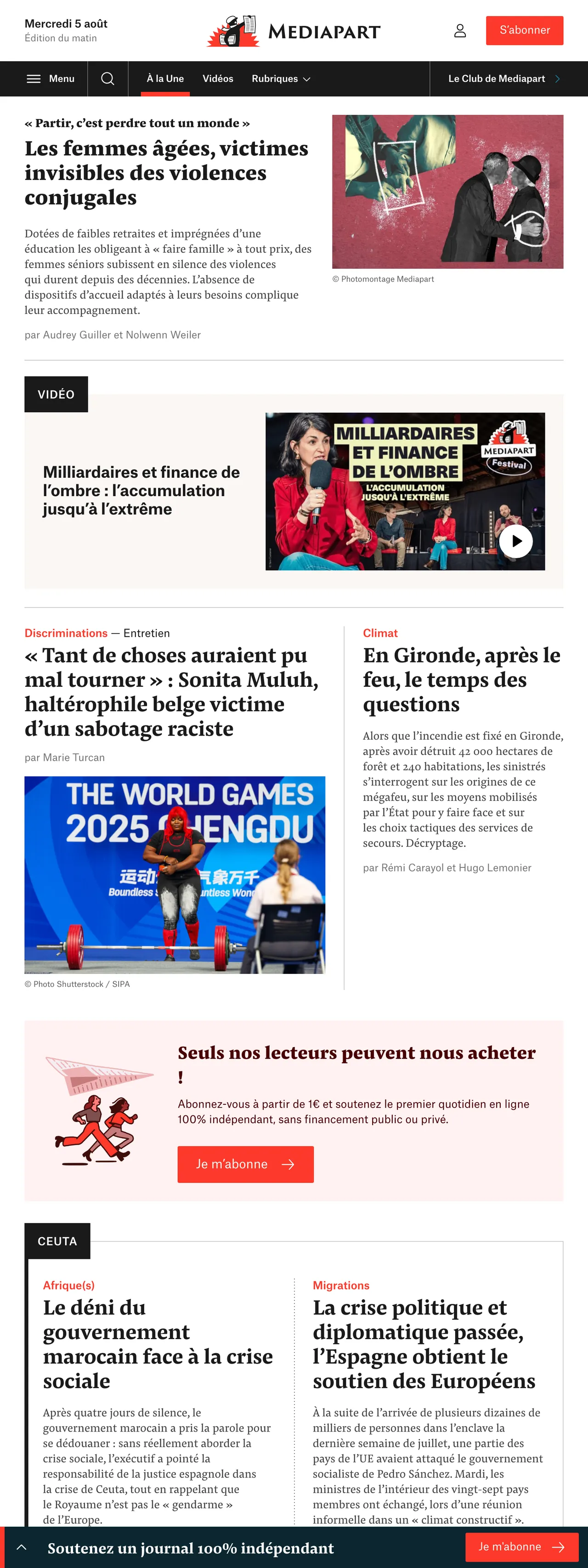 Screenshot of the Mediapart front page