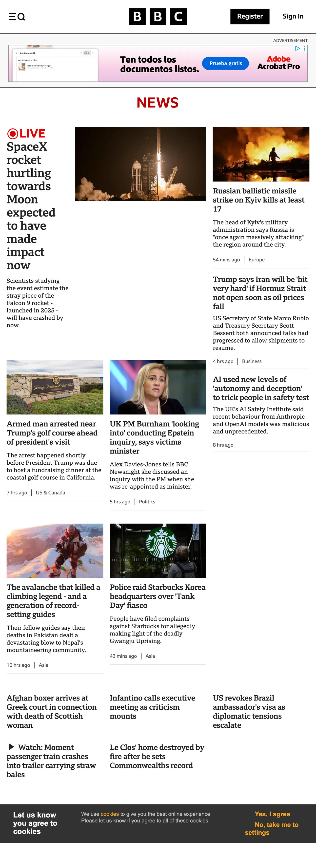 Screenshot of the BBC News front page