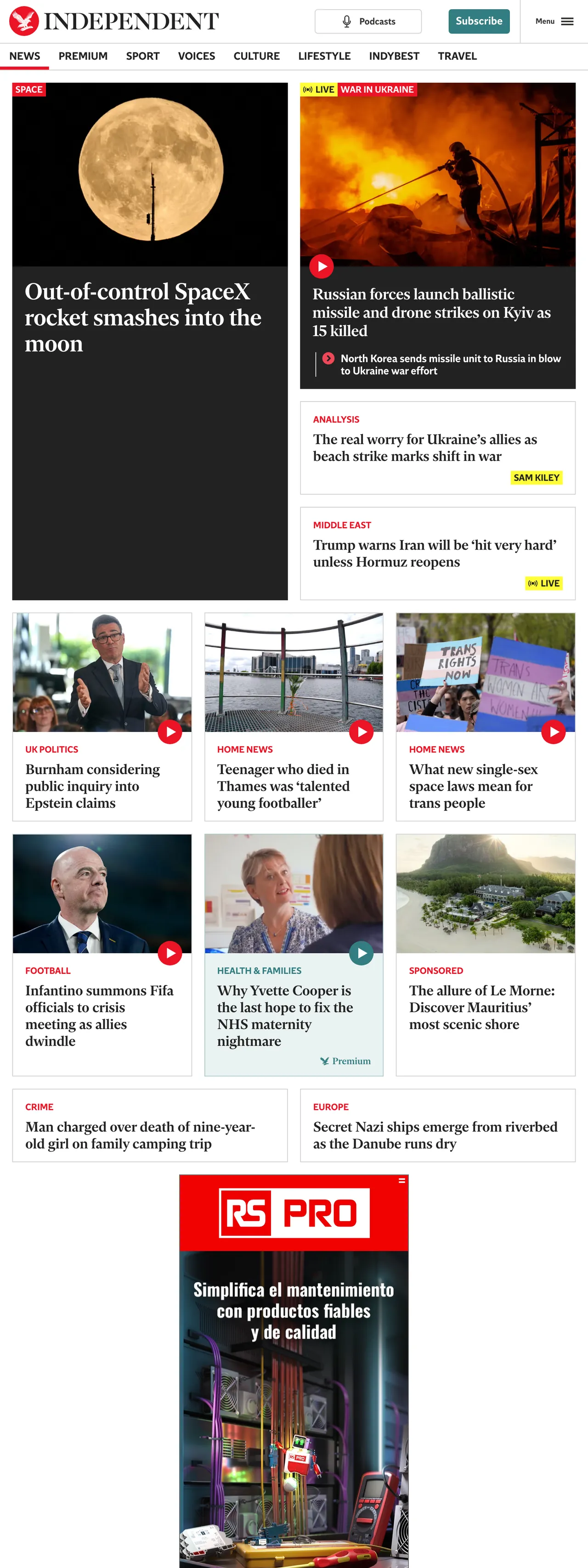 Screenshot of the The Independent front page