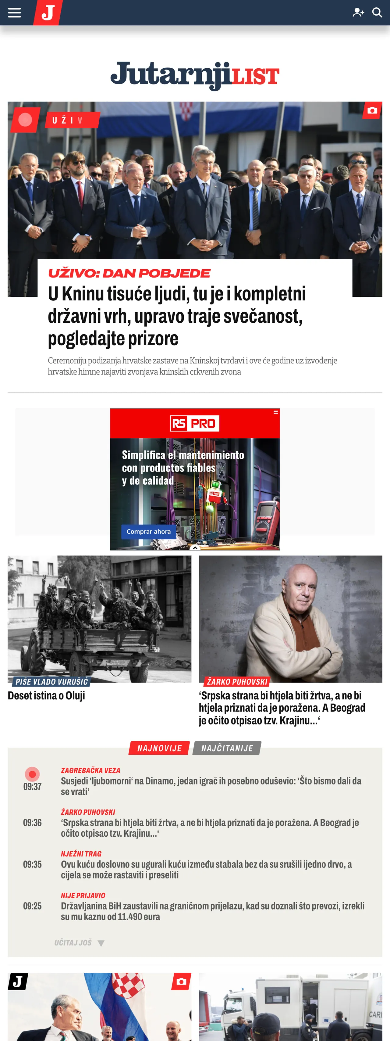 Screenshot of the Jutarnji list front page