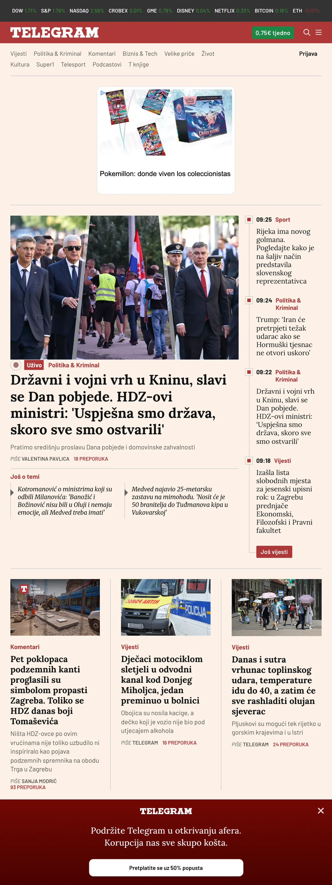 Screenshot of the Telegram.hr front page