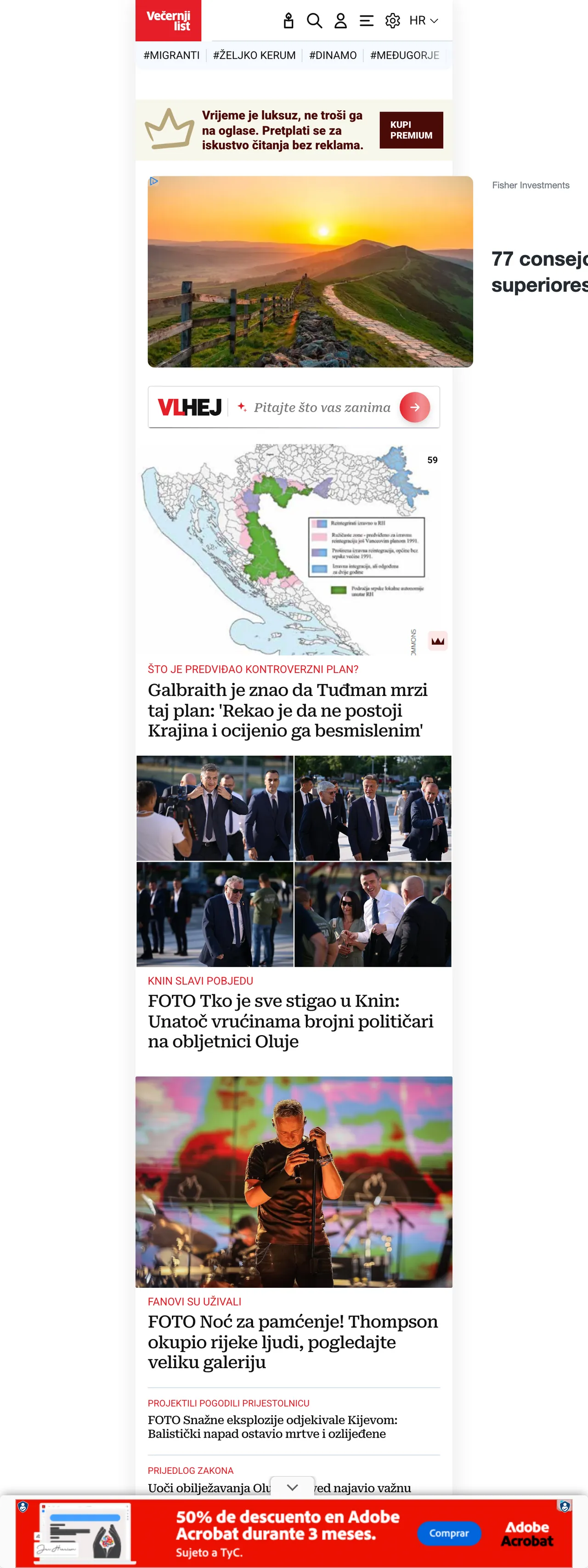 Screenshot of the Večernji list front page