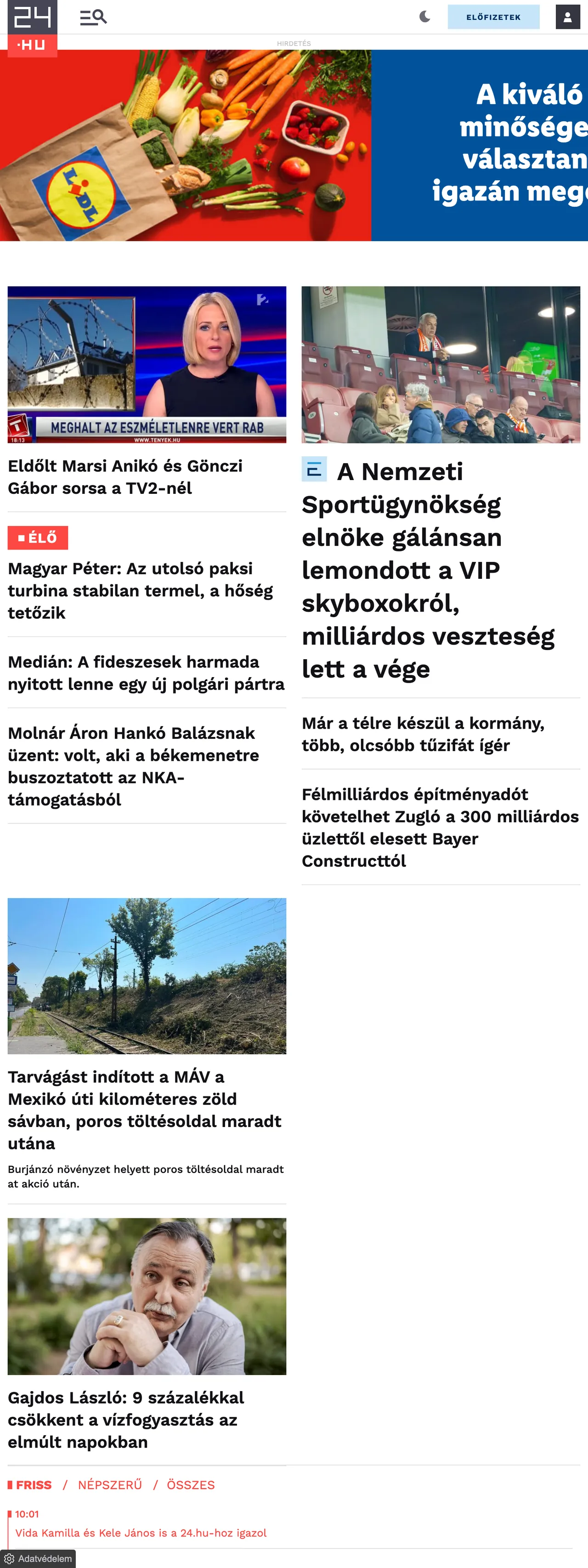 Screenshot of the 24.hu front page