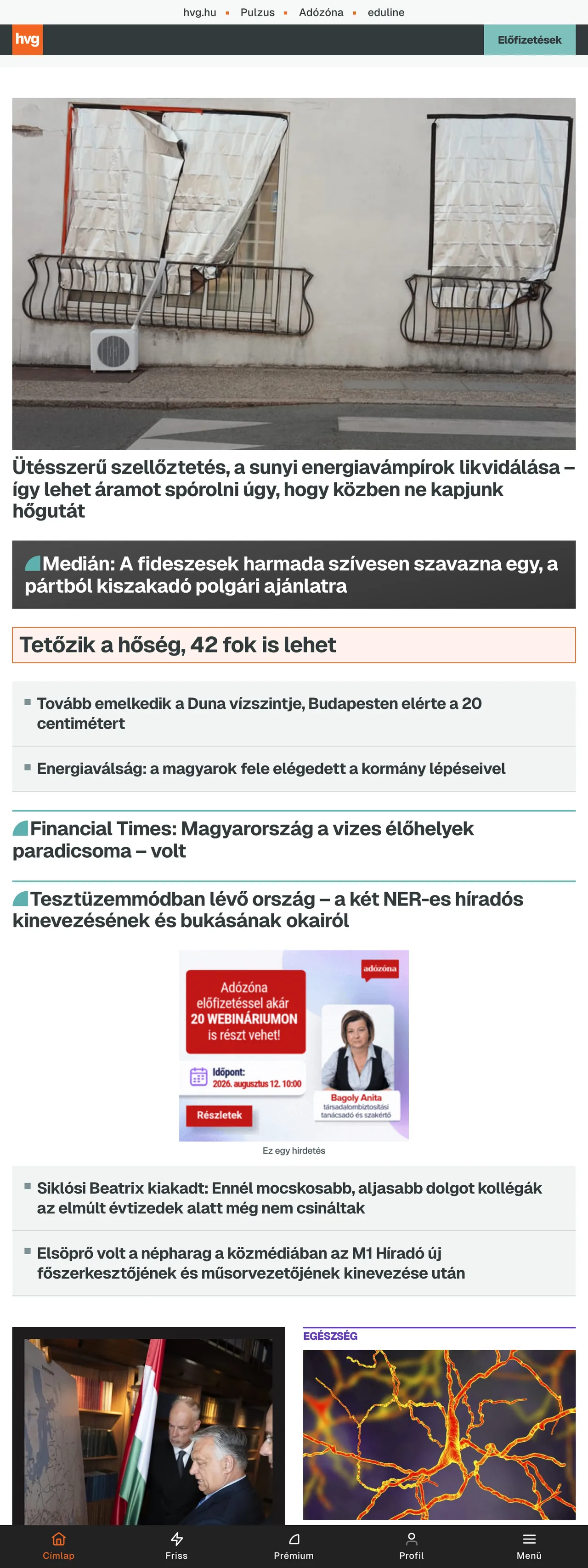 Screenshot of the HVG front page