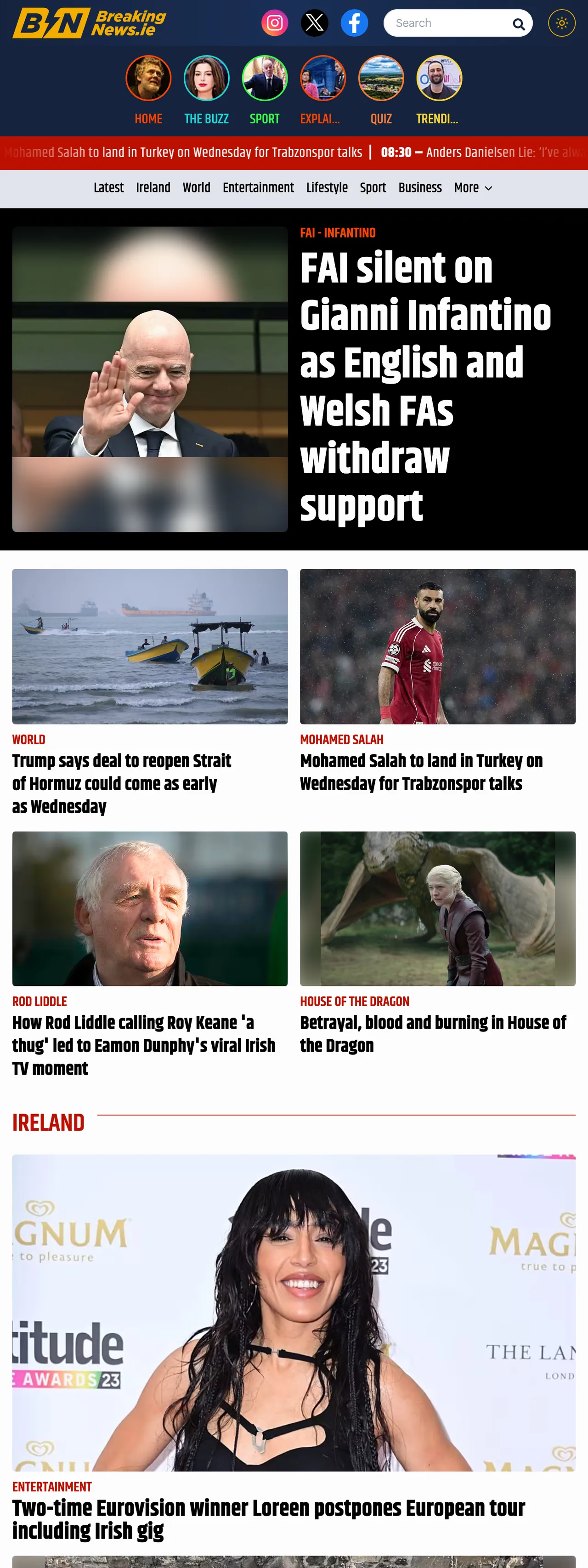 Screenshot of the BreakingNews.ie front page