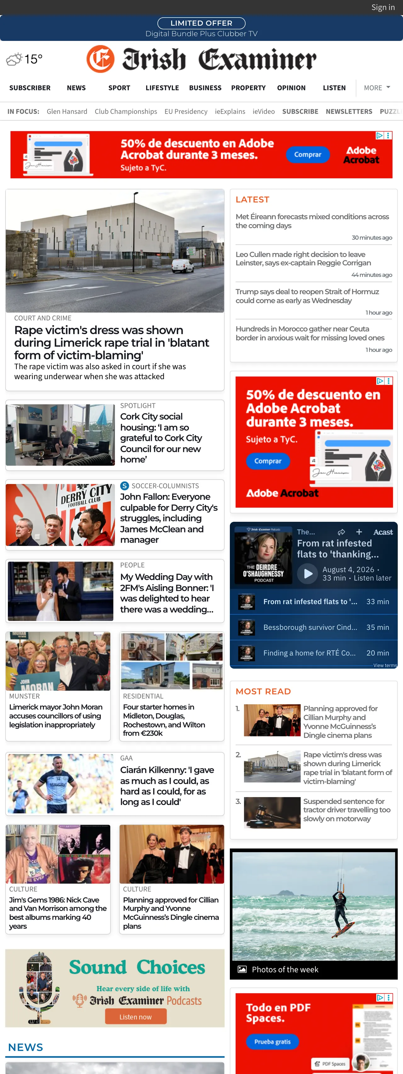 Screenshot of the Irish Examiner front page