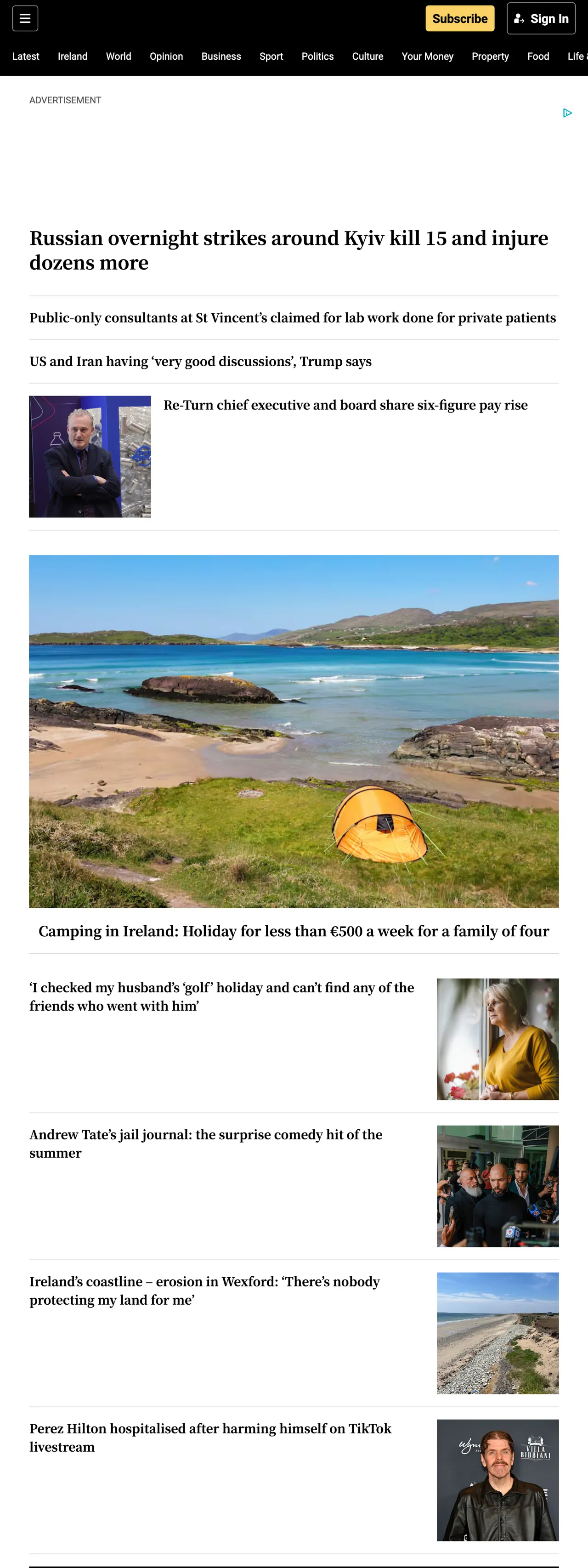 Screenshot of the The Irish Times front page