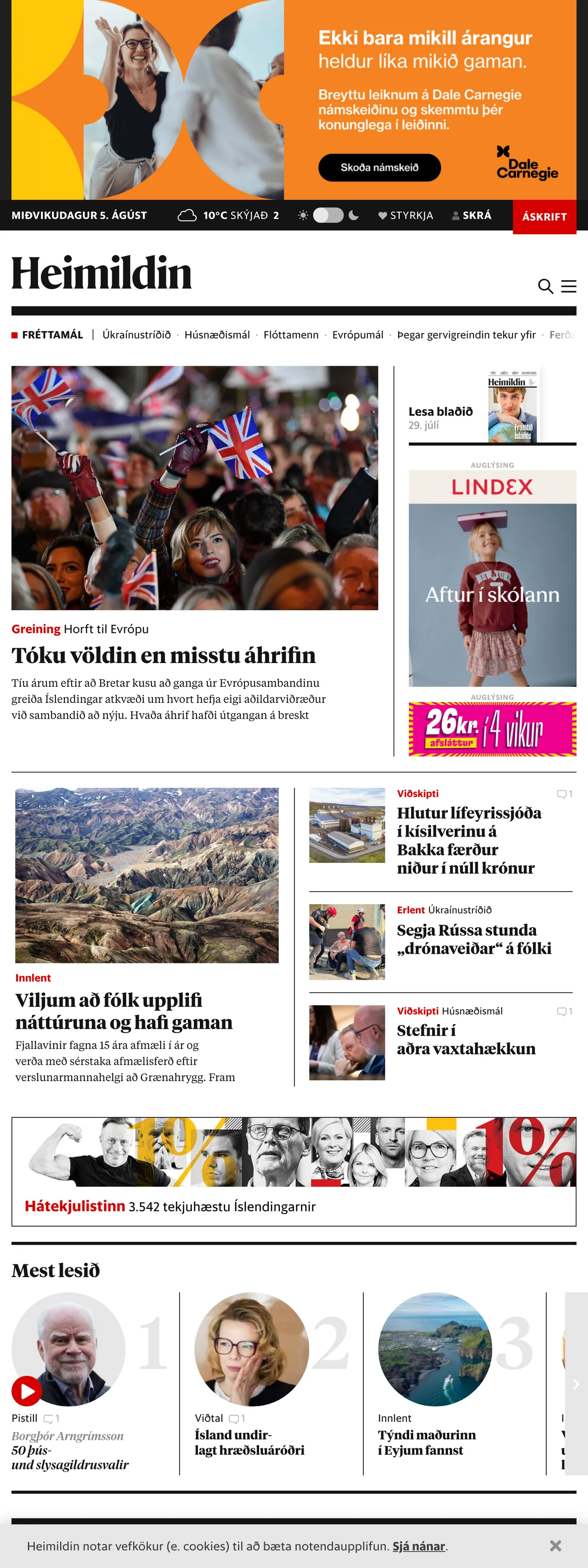 Screenshot of the Heimildin front page