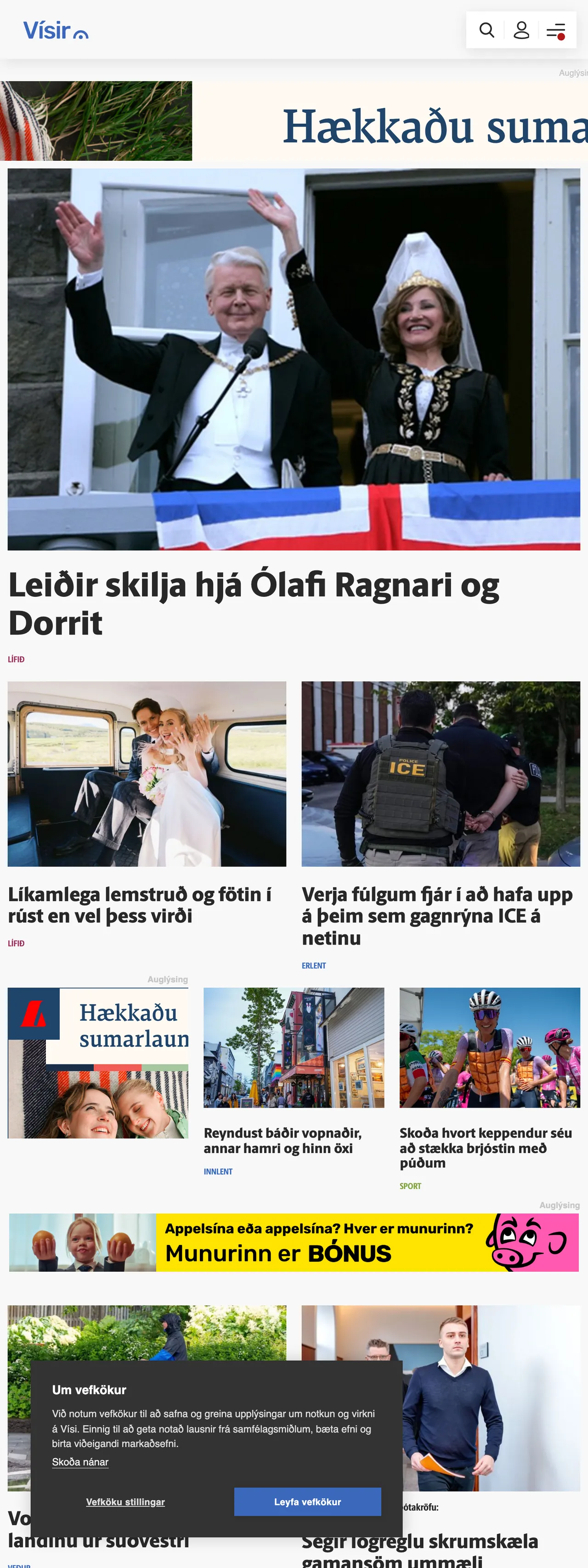 Screenshot of the Vísir front page