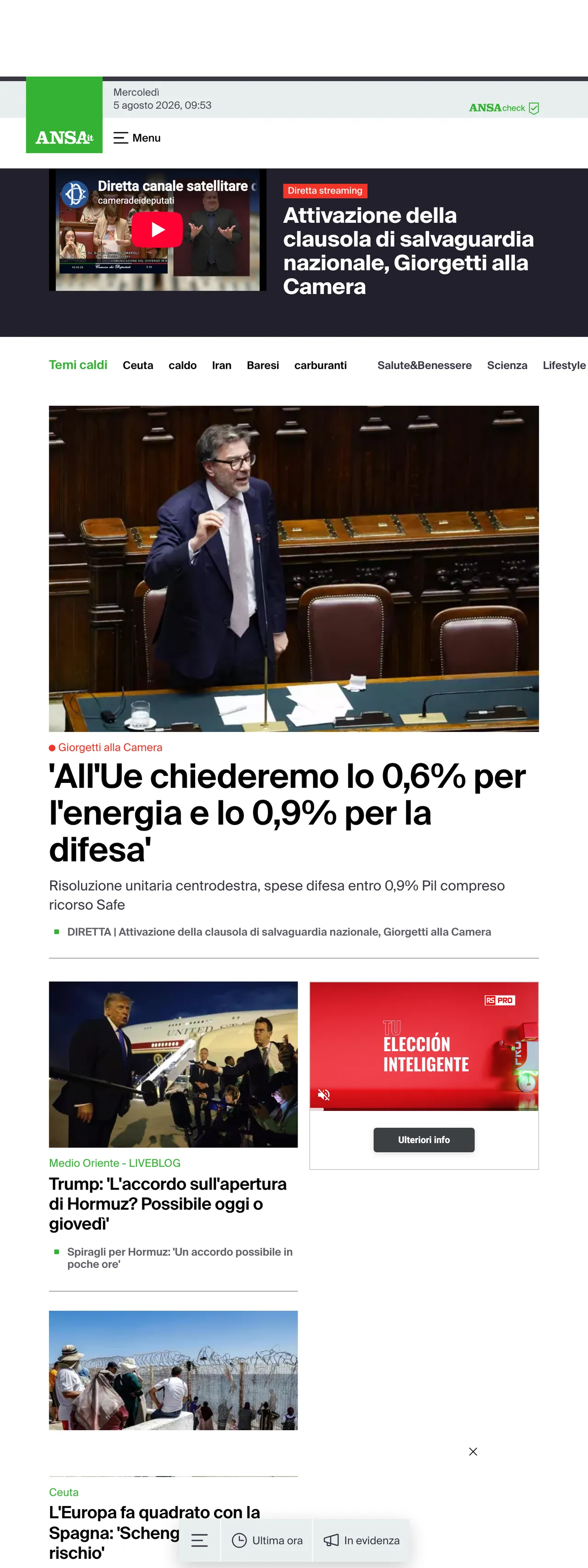 Screenshot of the ANSA front page