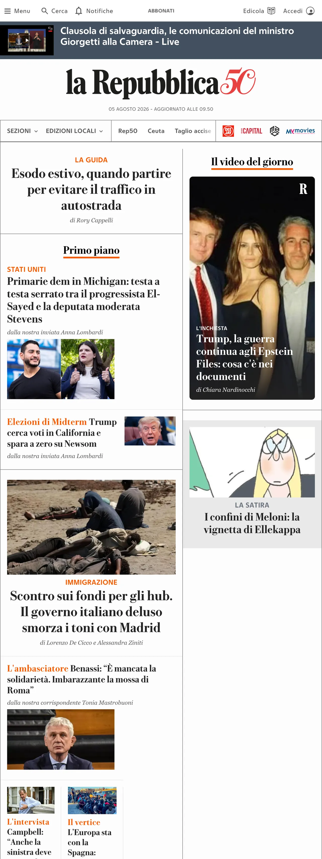 Screenshot of the la Repubblica front page