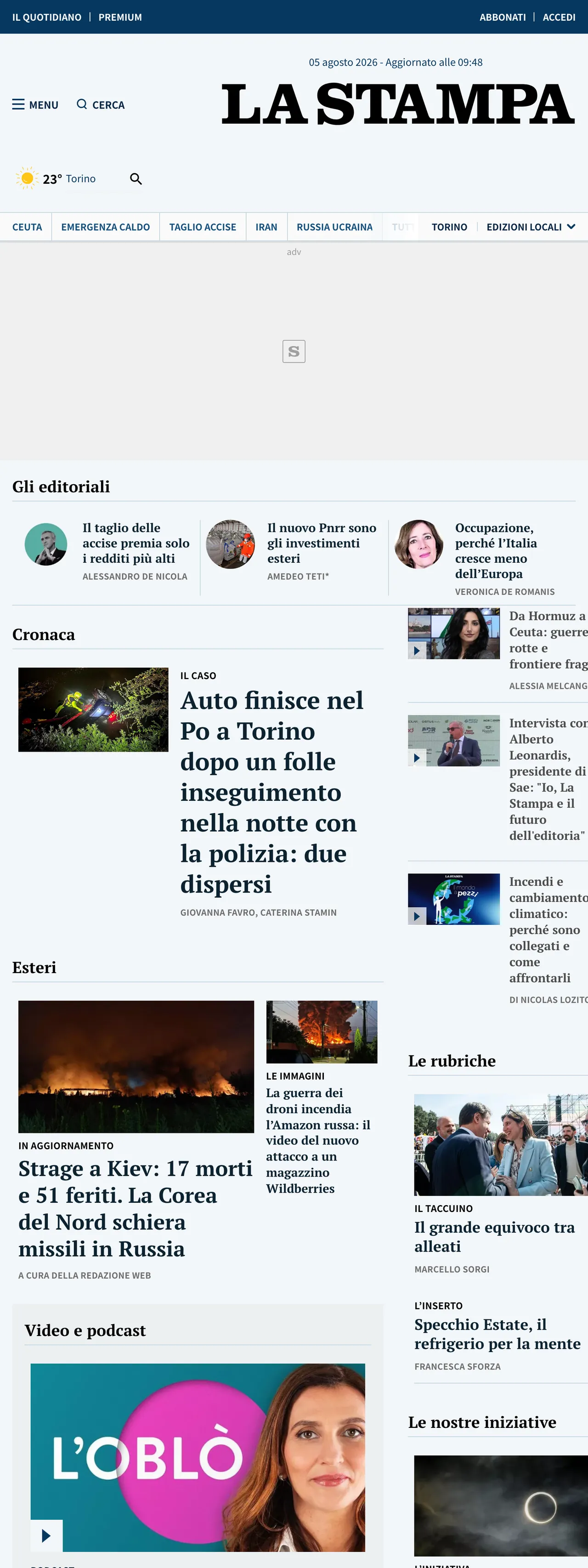 Screenshot of the La Stampa front page