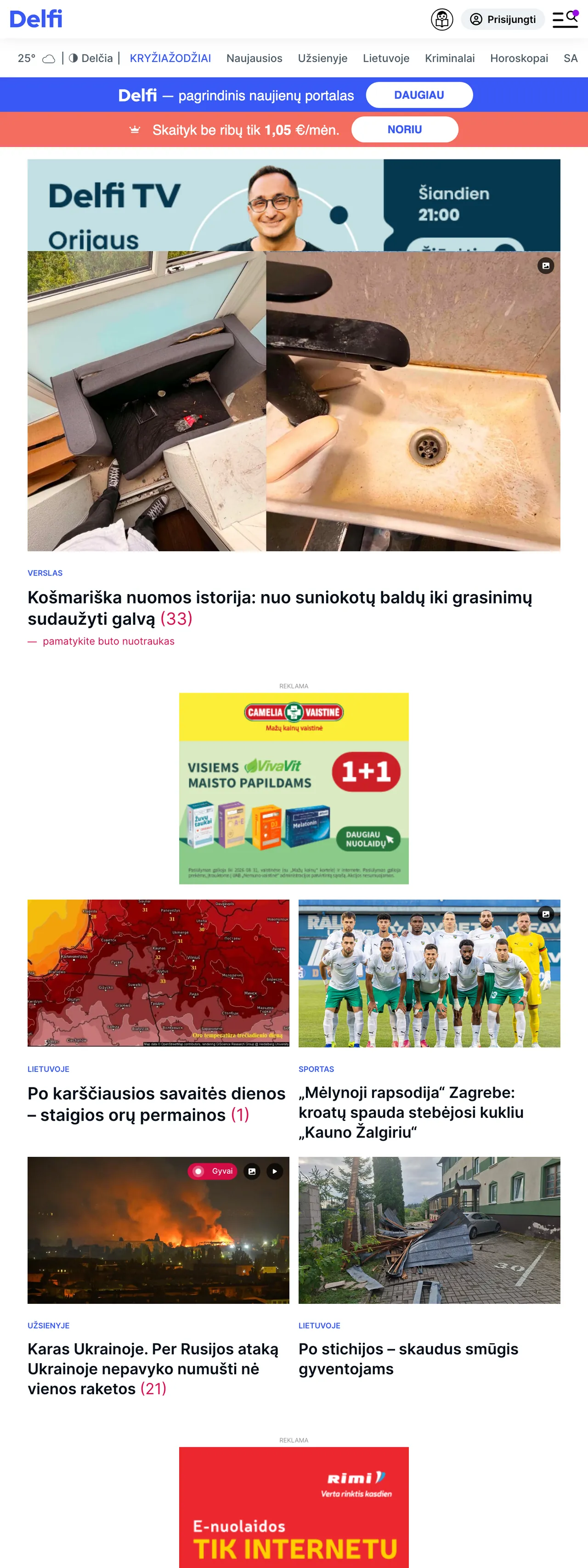Screenshot of the Delfi front page