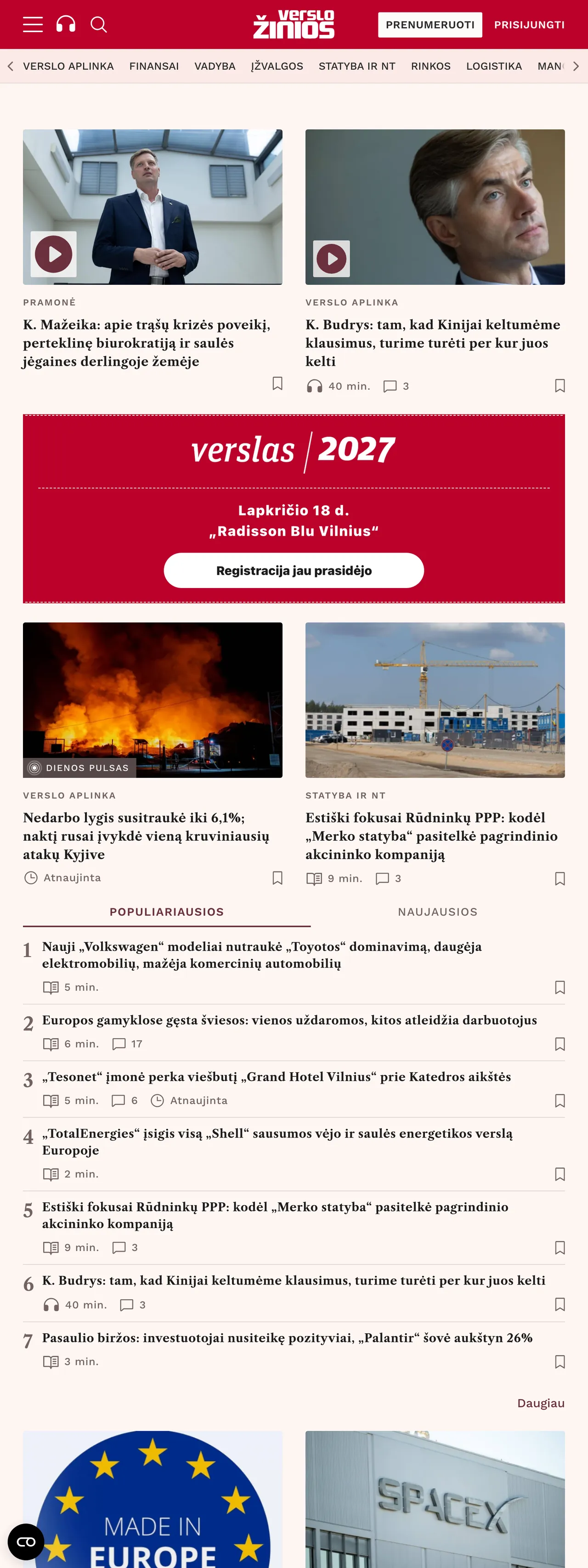 Screenshot of the Verslo žinios front page