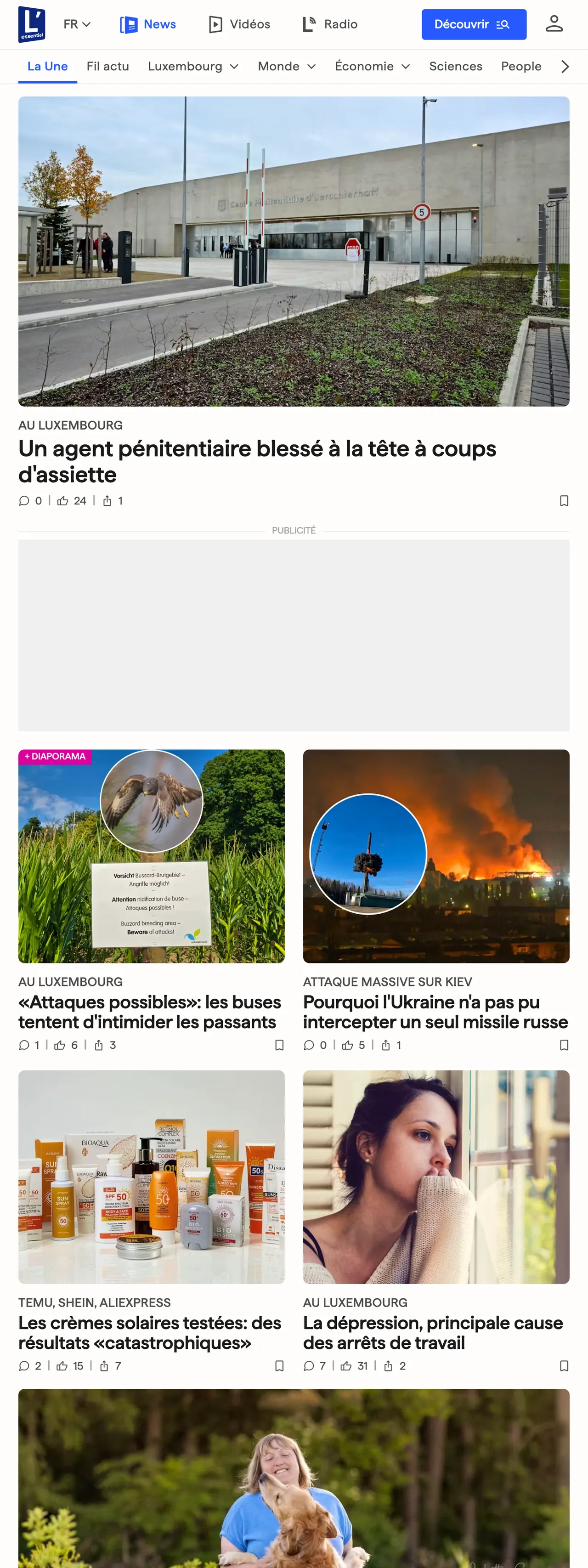 Screenshot of the L'essentiel front page