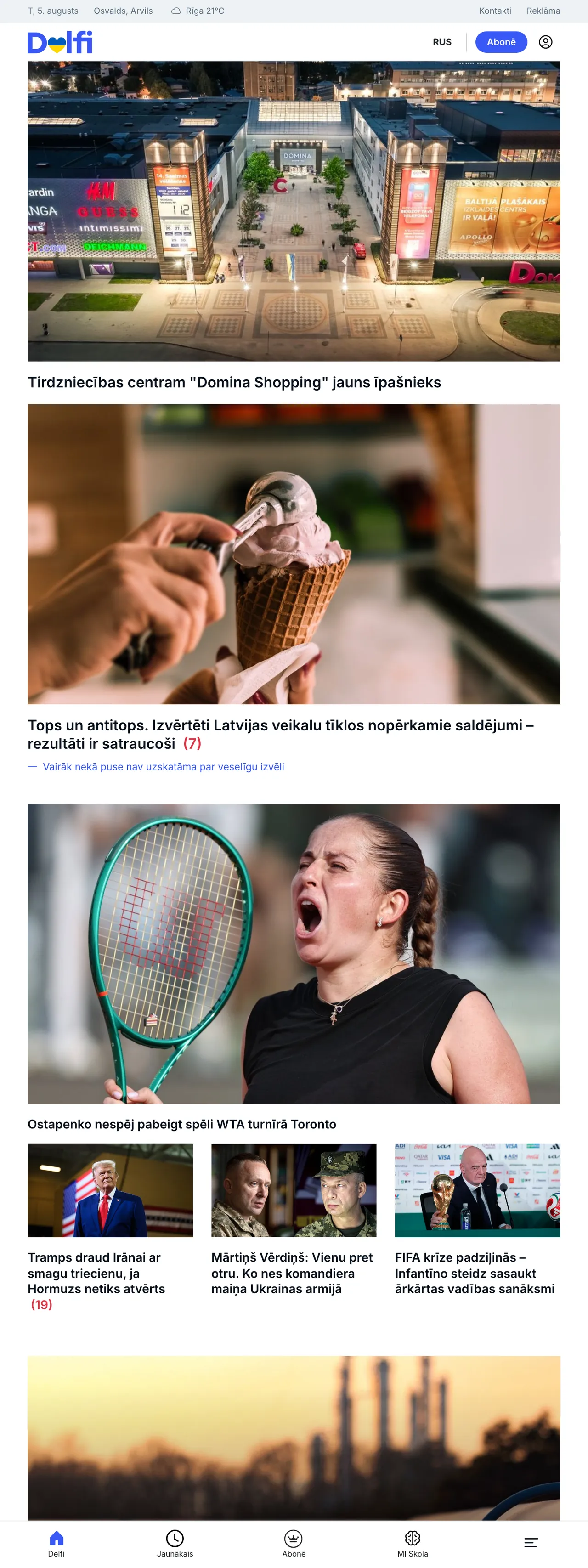 Screenshot of the Delfi front page