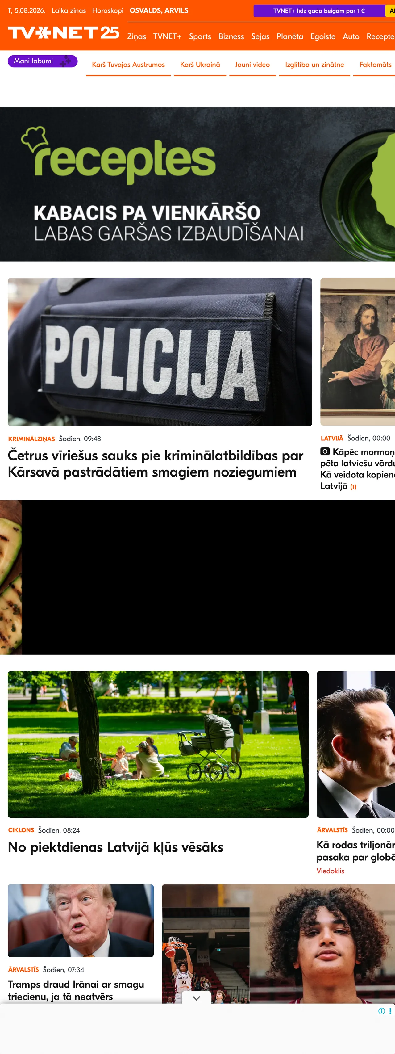 Screenshot of the TVNET front page