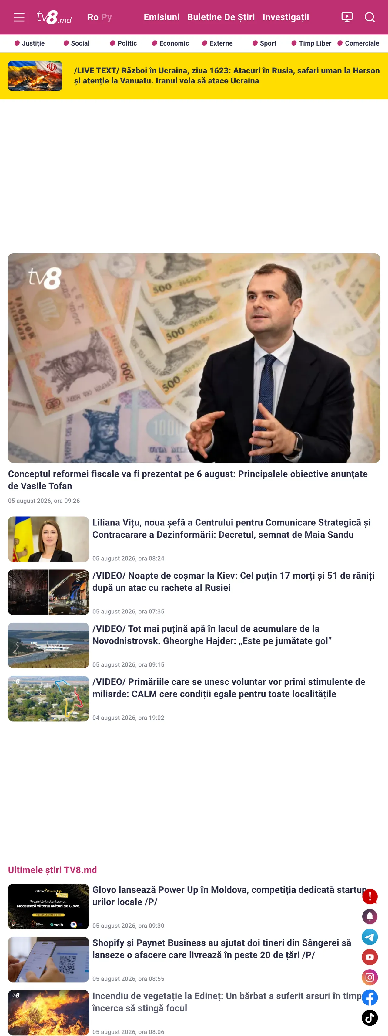 Screenshot of the TV8 front page