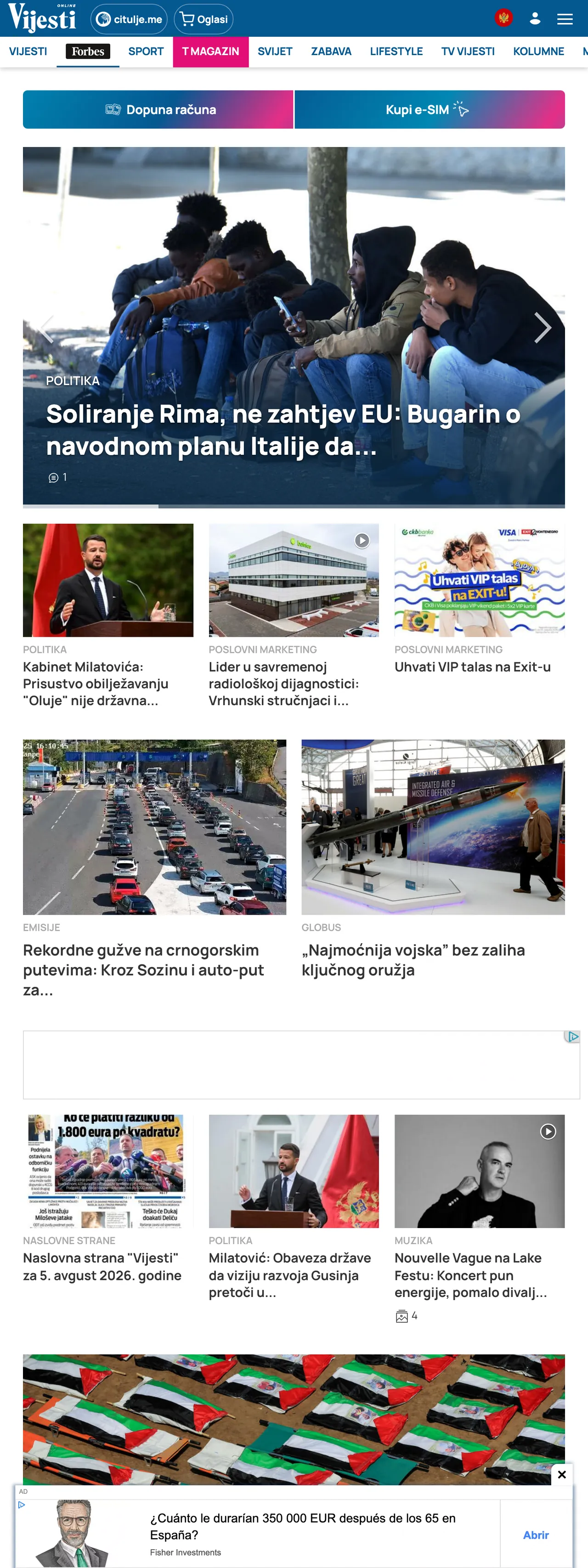 Screenshot of the Vijesti front page